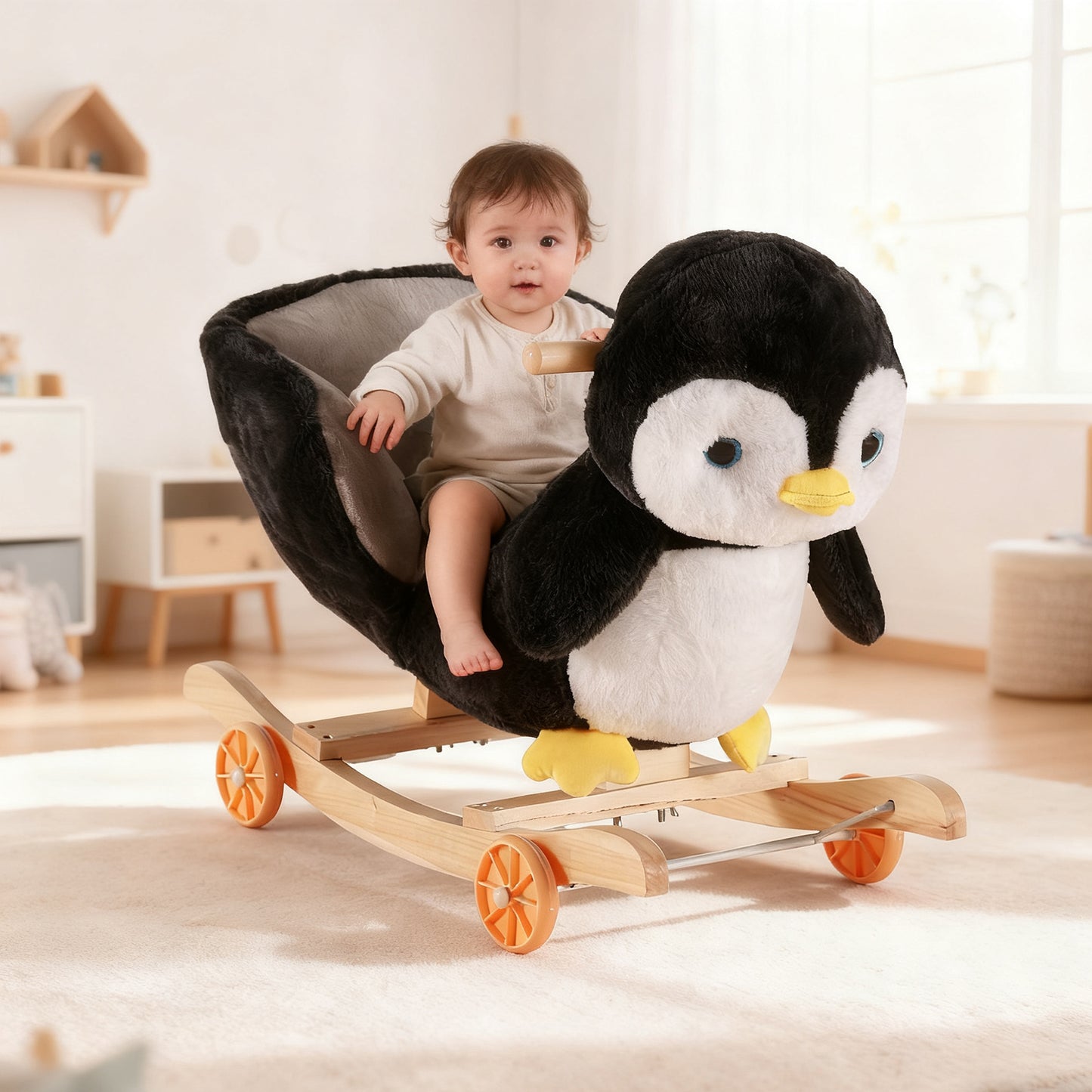Jessruly® Cheval à Bascule en Peluche Pingouin – Bascule Douce à Chevaucher avec Cadre en Bois, Design Licorne Magique pour un Jeu Imaginatif