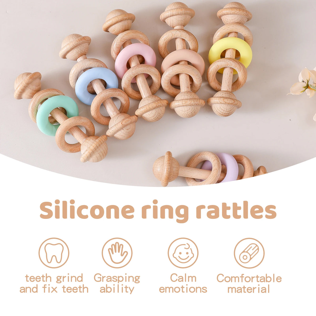 Jessruly® Natural Wooden Rattle – Sensory Silicone-Ring Teether & Grasping Toy
