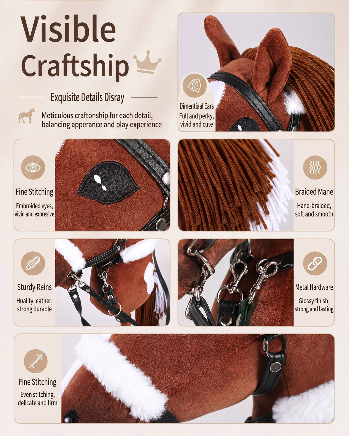 Jessruly® Stick Horse – Soft Plush Ride-On Toy with Beechwood Handle