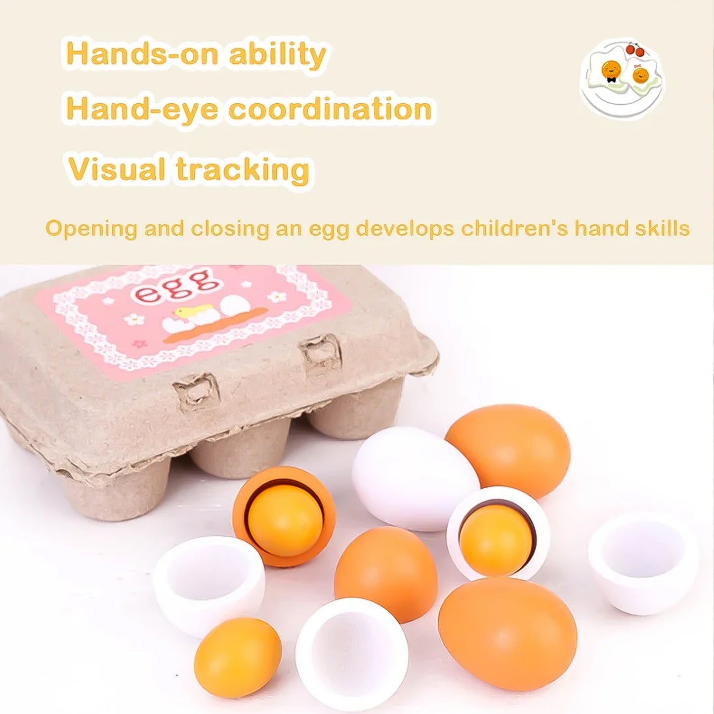 Jessruly® Wooden Play Food Set – 6pcs Realistic Kitchen Accessories, Fake Eggs with Yolk for Pretend Play, Montessori Imaginative Toy