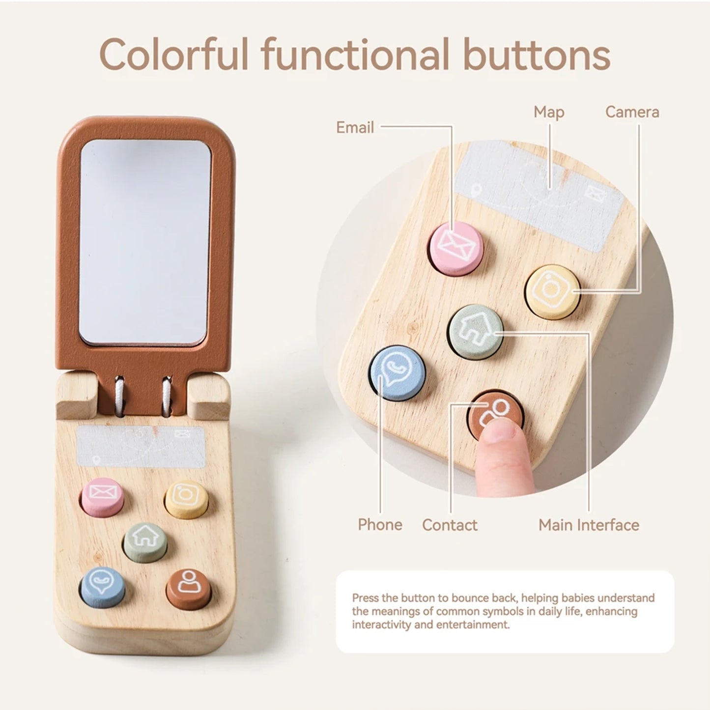 Téléphone à clapet Jessruly® – Téléphone de jeu interactif avec miroir, touches d'apprentissage Montessori et design sensoriel pour le jeu imaginatif