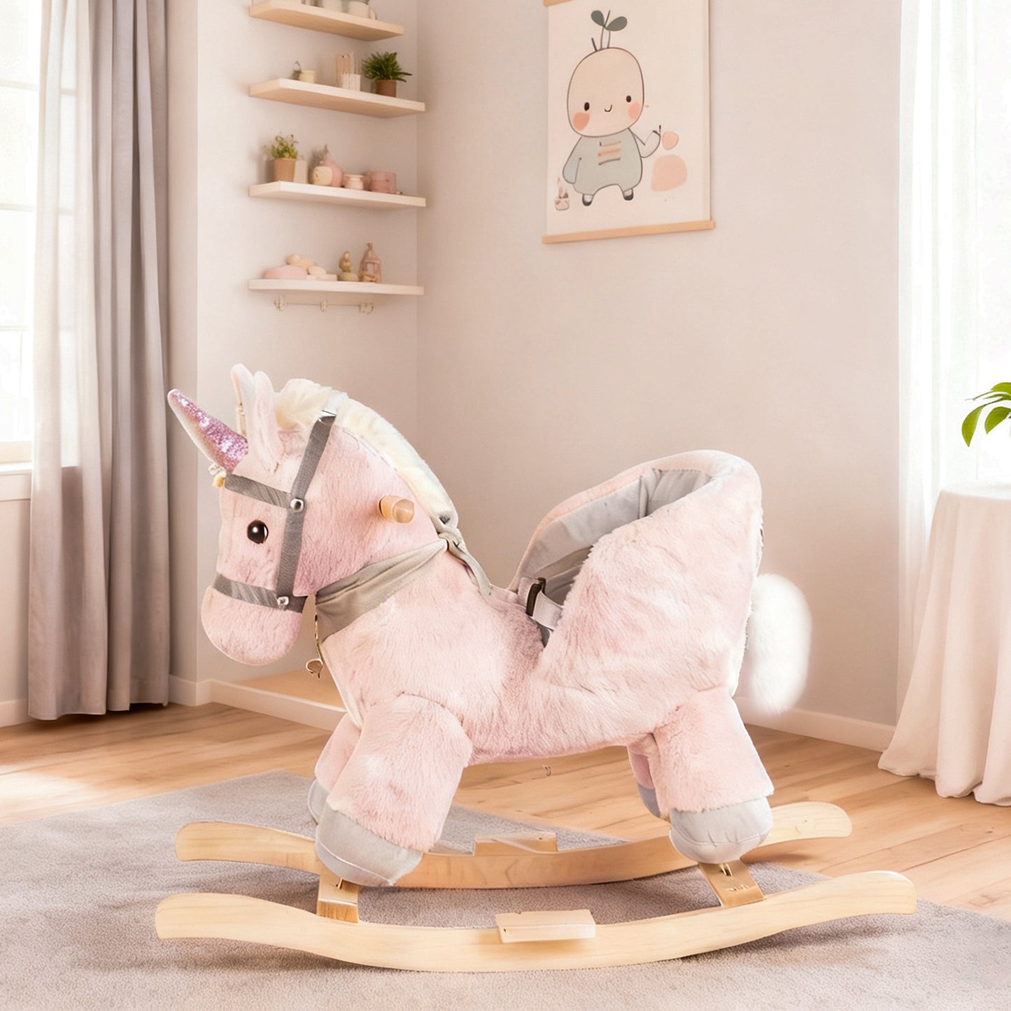 Jessruly® Cheval à Bascule Licorne Rose en Peluche – Siège Confortable avec Cadre en Bois, Design Licorne Magique pour Jeu Imaginatif