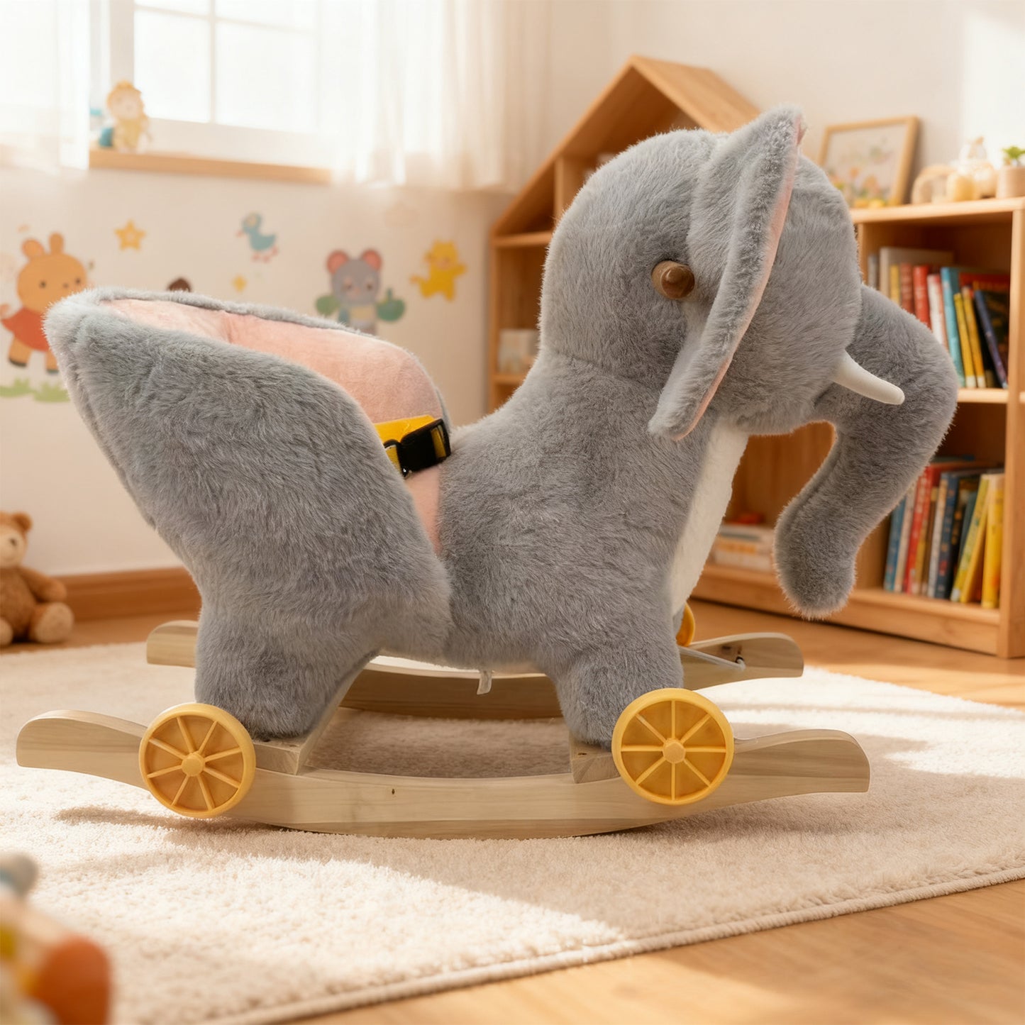 Jessruly® Cheval à Bascule Éléphant en Peluche – Jouet à Bascule Doux avec Cadre en Bois, Design Licorne Magique pour Jeu Imaginatif