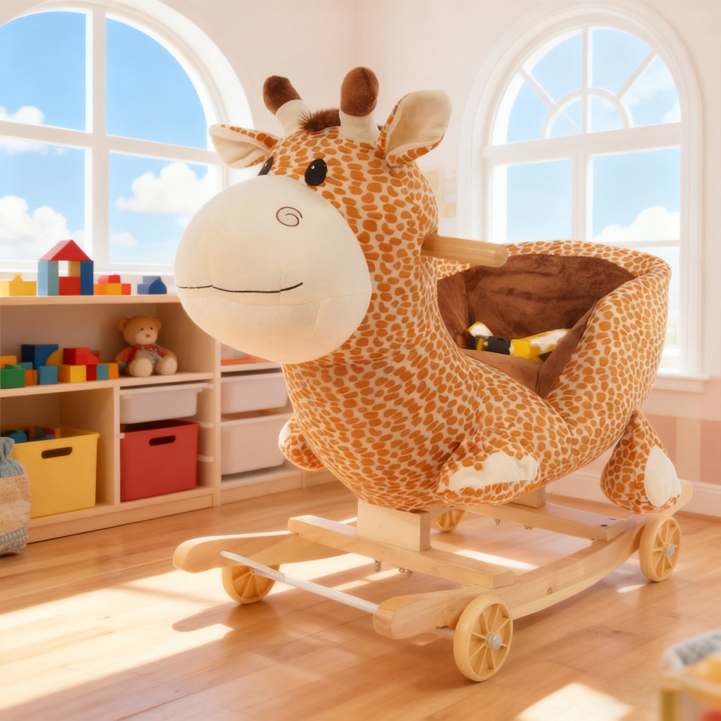 Jessruly® Girafe à bascule en peluche – Cheval à bascule doux avec cadre en bois, motif licorne magique pour un jeu imaginatif