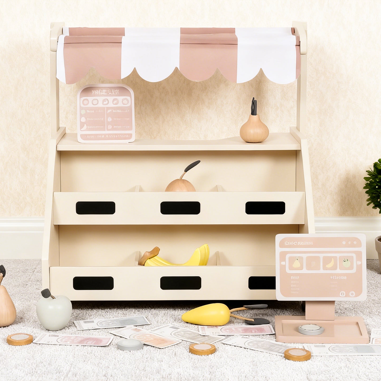 Jessruly® Grocery Store Pretend Play Set – Interactive Supermarket Playset with Wooden Fruits & Play Money, Compact 2-Tier Design for Imaginative Play