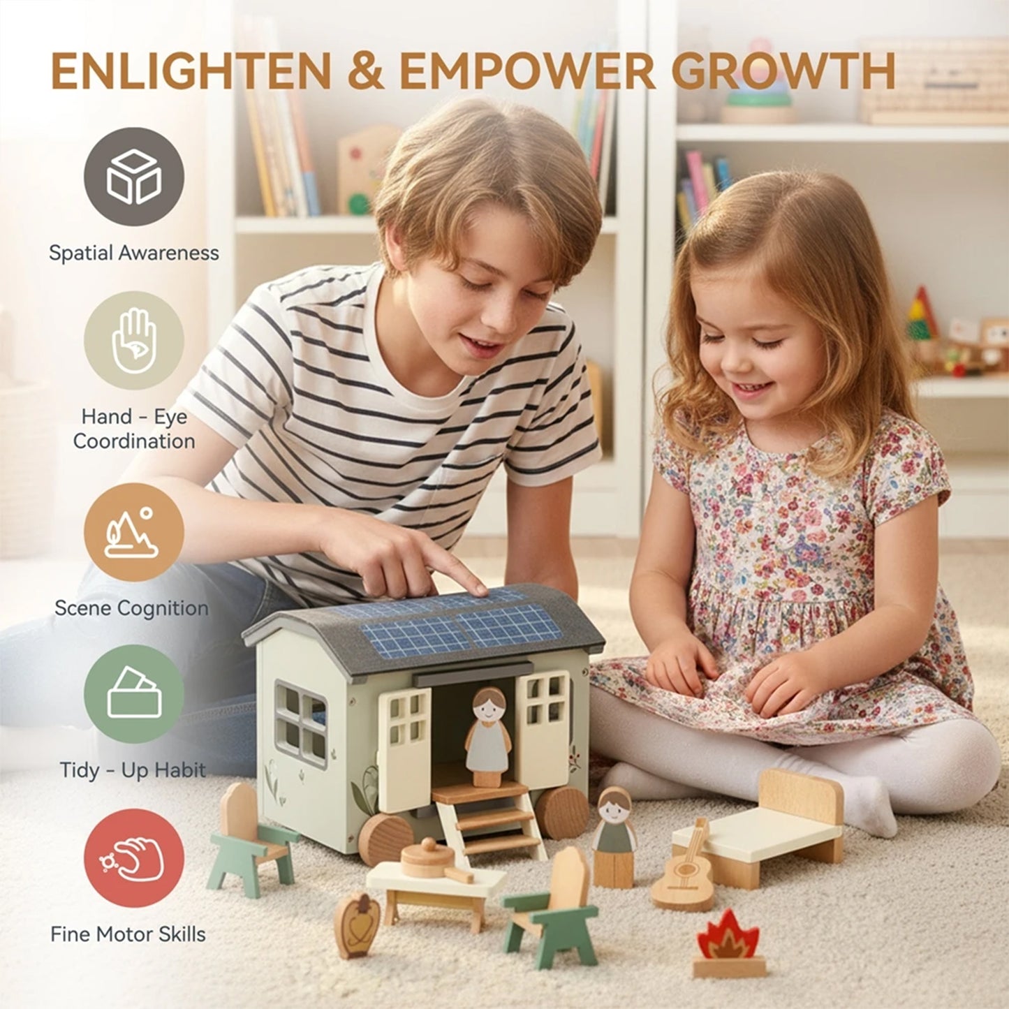 Jessruly® Ensemble de meubles en bois pour maison de poupée – Accessoires de maison de poupée de qualité supérieure avec design de véhicule de camping, ensemble de jeu créatif inspiré de Montessori pour des scènes imaginatives