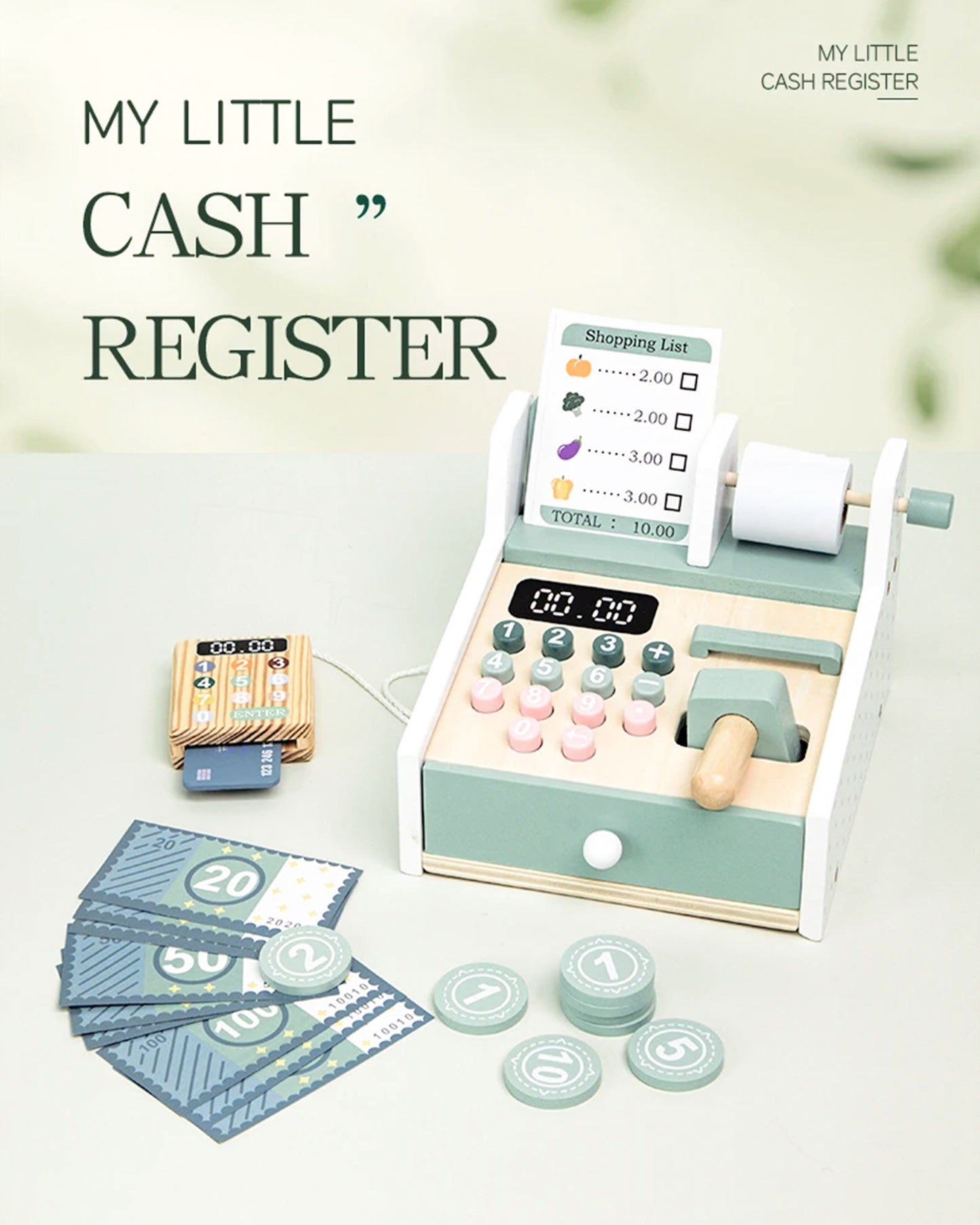 Jessruly® Wooden Cash Register Play Set – Pretend Checkout Counter with Scanner & Play Money, Educational Grocery Store Role-Play and Learning Toy