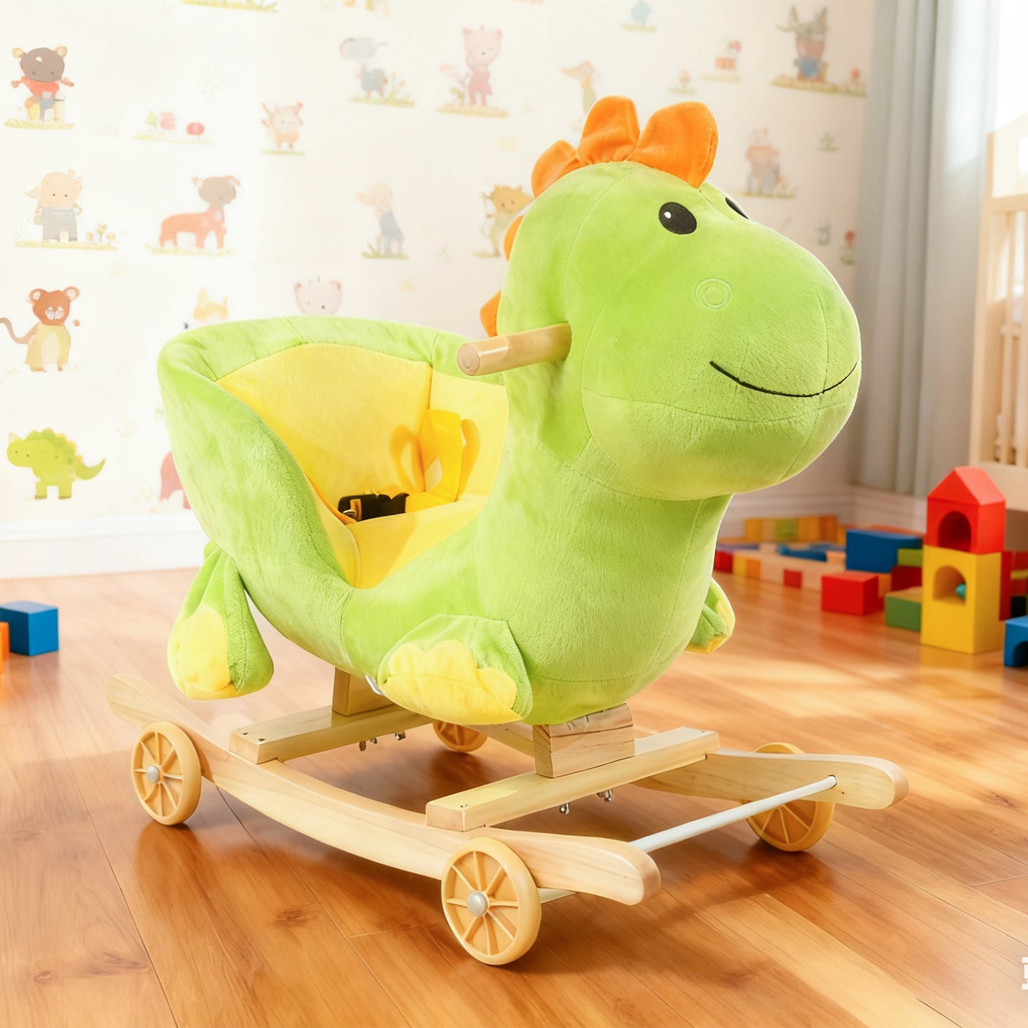 Cheval à Bascule Dinosaure en Peluche Jessruly® – Bascule Douce avec Cadre en Bois, Design Licorne Magique pour Jeu Imaginatif