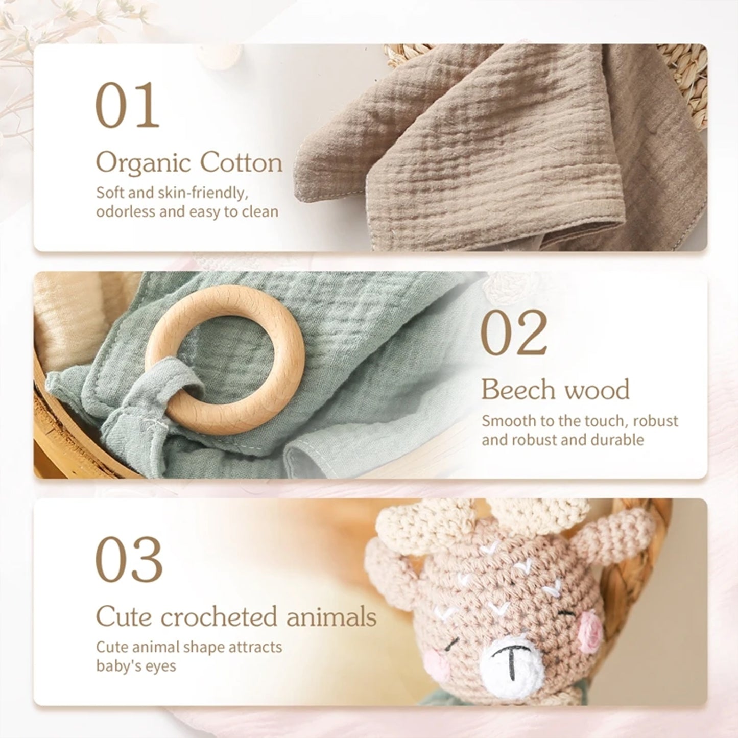 Jessruly® Doudou en mousseline de coton biologique – Couverture douce et réconfortante avec animal en crochet et anneau de dentition en bois, adorable jouet sensoriel et compagnon apaisant