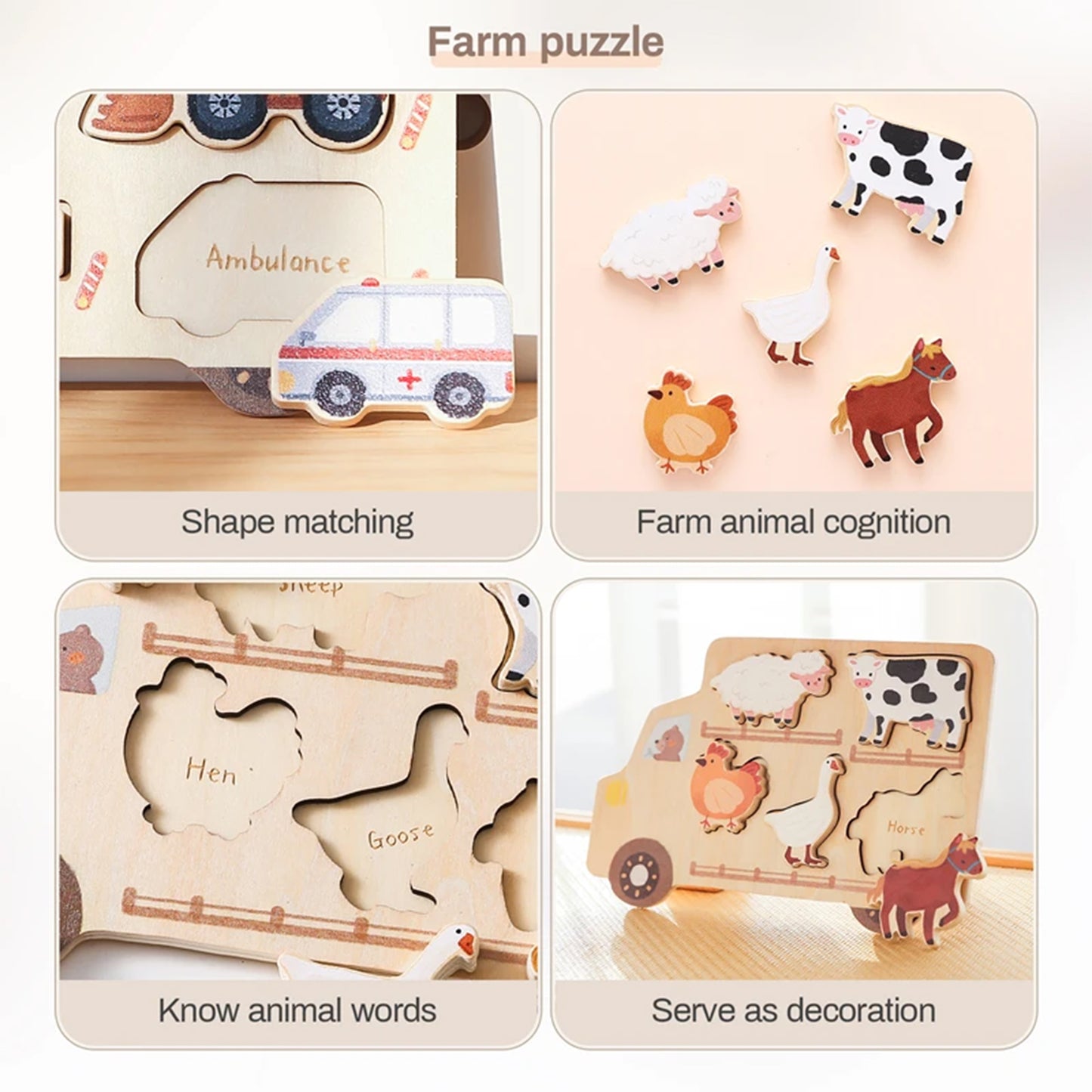 Jessruly® Wooden Vehicle Puzzle Set – Montessori-Inspired Learning Toy with Cars & Trucks, Early Cognitive Development Puzzle for Shape & Color Recognition