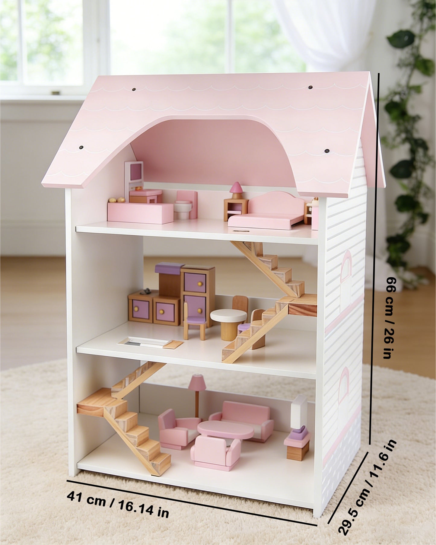 Jessruly® Wooden 3-Story Dollhouse – DIY Tiny House Playset with Multi-Room Layout, Imaginative Playhouse for Creative Storytelling & Pretend Play