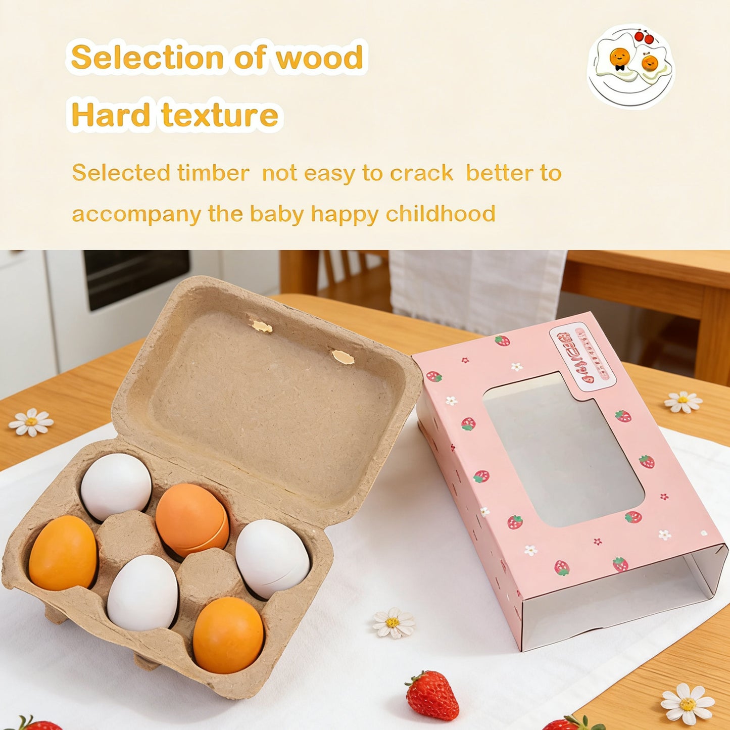 Jessruly® Wooden Play Food Set – 6pcs Realistic Kitchen Accessories, Fake Eggs with Yolk for Pretend Play, Montessori Imaginative Toy