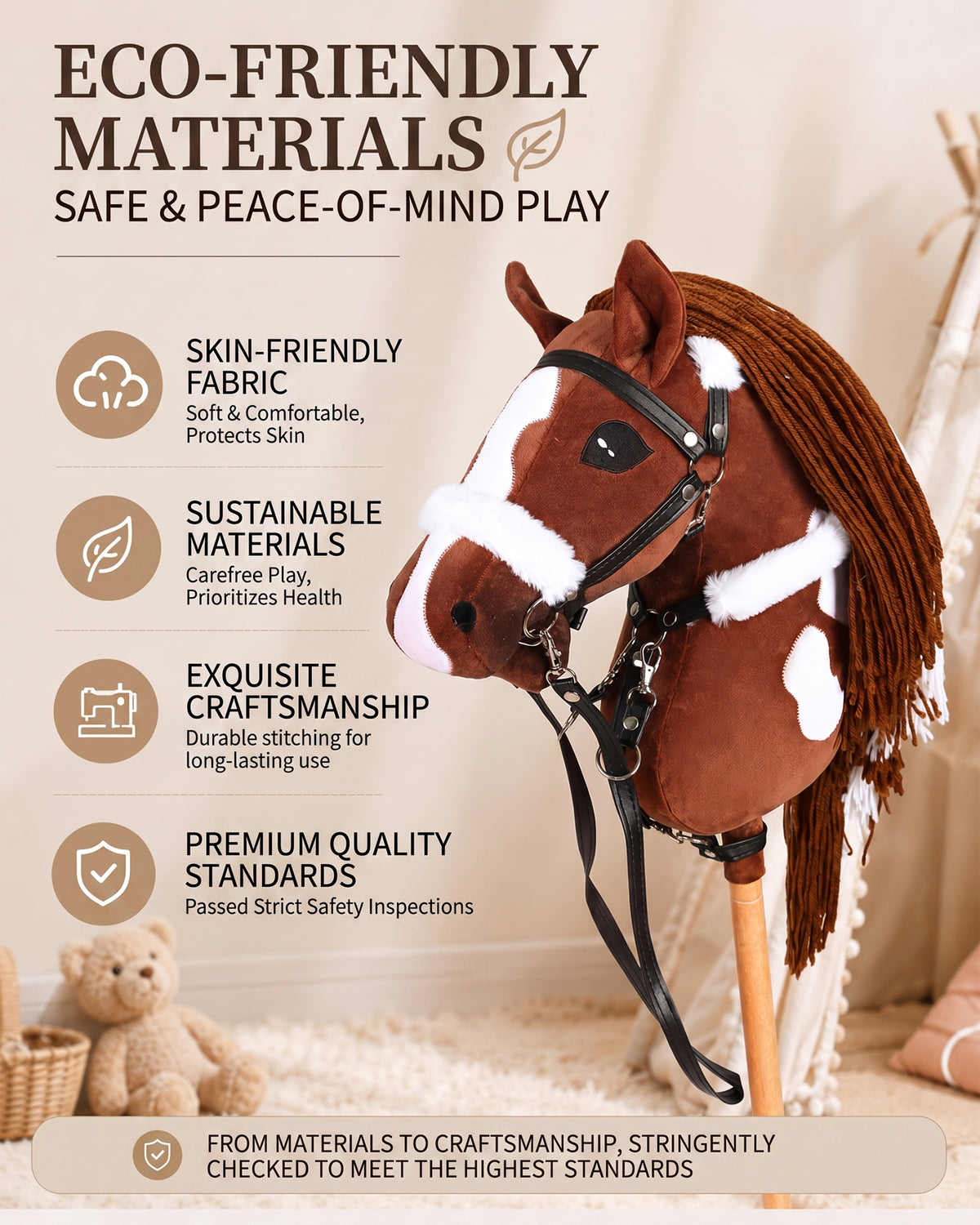 Jessruly® Stick Horse – Soft Plush Ride-On Toy with Beechwood Handle