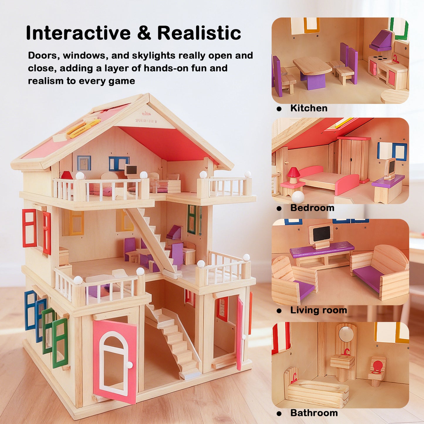 Jessruly® Dream House – Spacious 3-Story Wooden Dollhouse with Realistic Rooms & Furniture, Non-Toxic Water-Based Paint, Durable Beech Wood Construction
