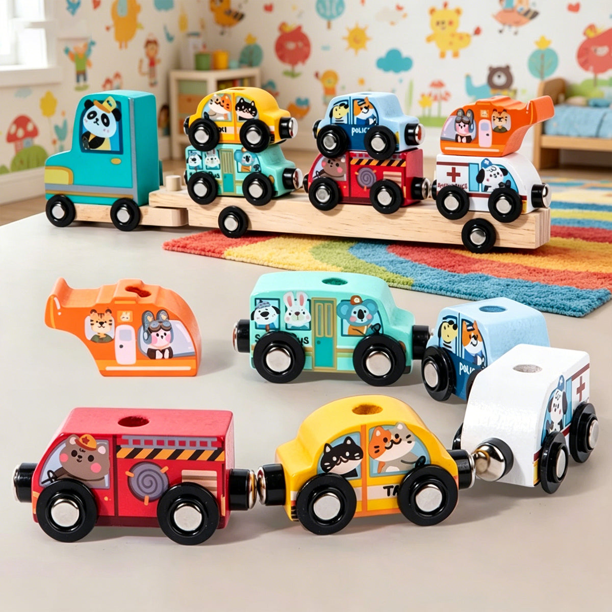 Jessruly® Magnetic Wooden Train Set – Montessori-Inspired Animal Sorting Cars with Safe Magnetic Connectors