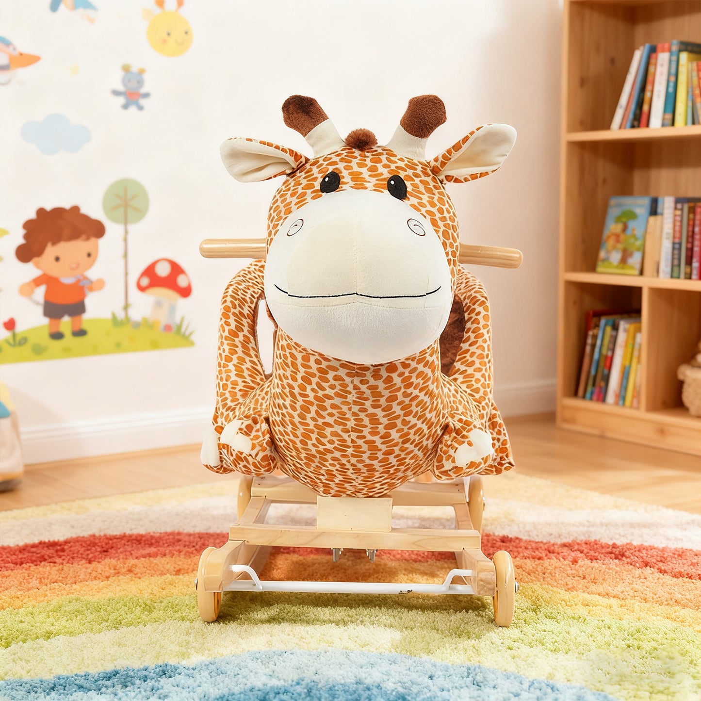 Jessruly® Girafe à bascule en peluche – Cheval à bascule doux avec cadre en bois, motif licorne magique pour un jeu imaginatif