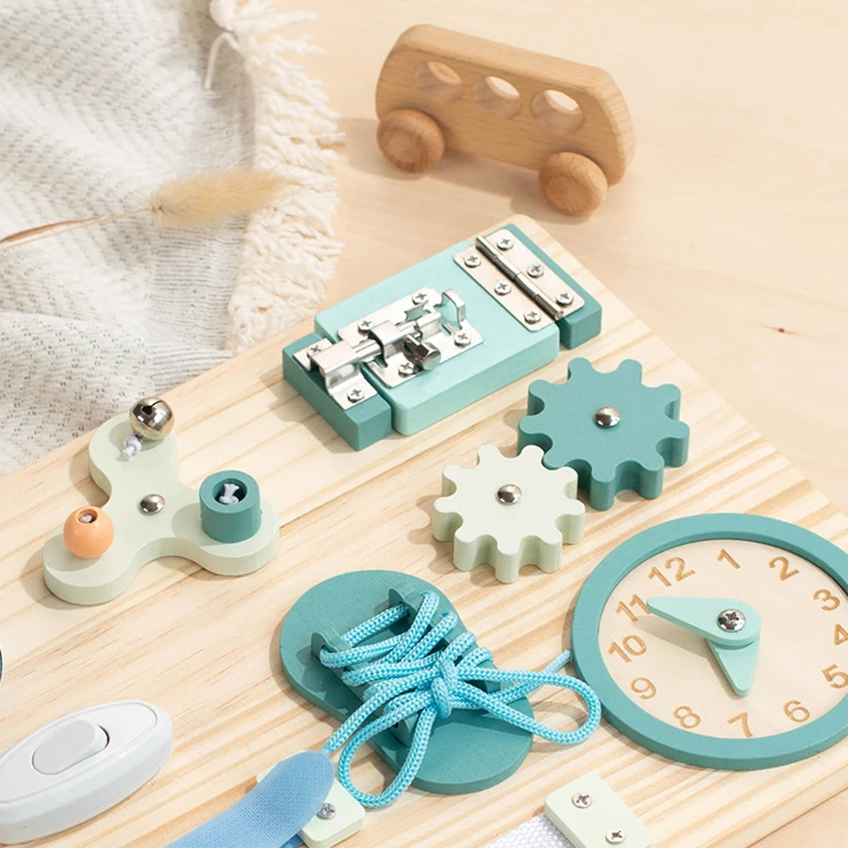 Jessruly® Wooden Busy Board – Montessori Sensory Activity Board with Switches