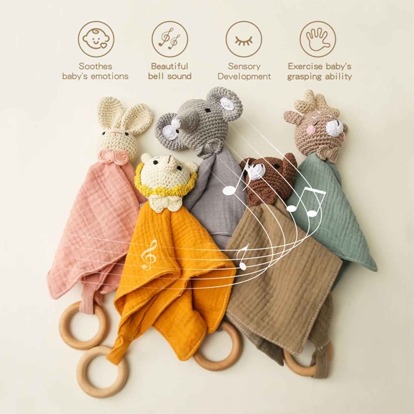 Jessruly® Doudou en mousseline de coton biologique – Couverture douce et réconfortante avec animal en crochet et anneau de dentition en bois, adorable jouet sensoriel et compagnon apaisant