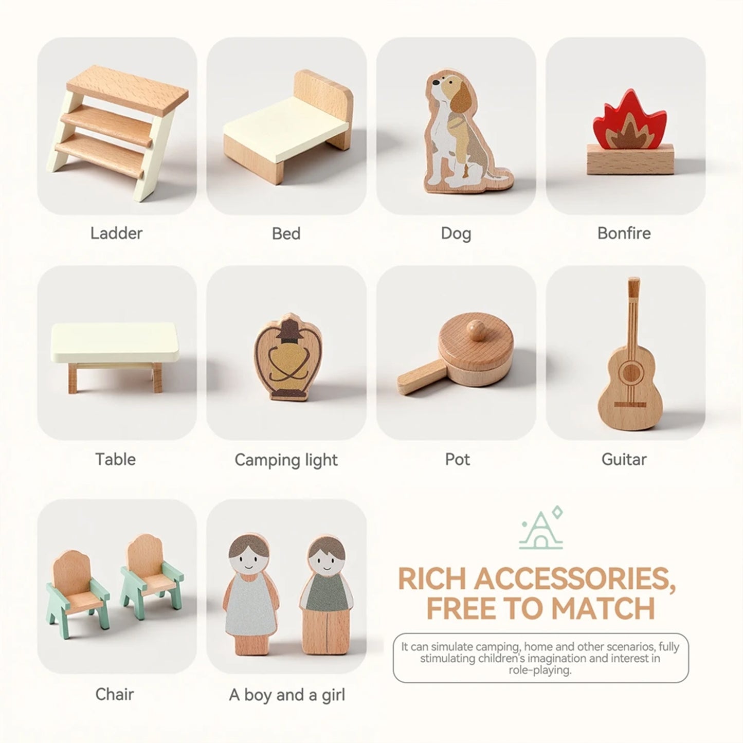Jessruly® Ensemble de meubles en bois pour maison de poupée – Accessoires de maison de poupée de qualité supérieure avec design de véhicule de camping, ensemble de jeu créatif inspiré de Montessori pour des scènes imaginatives