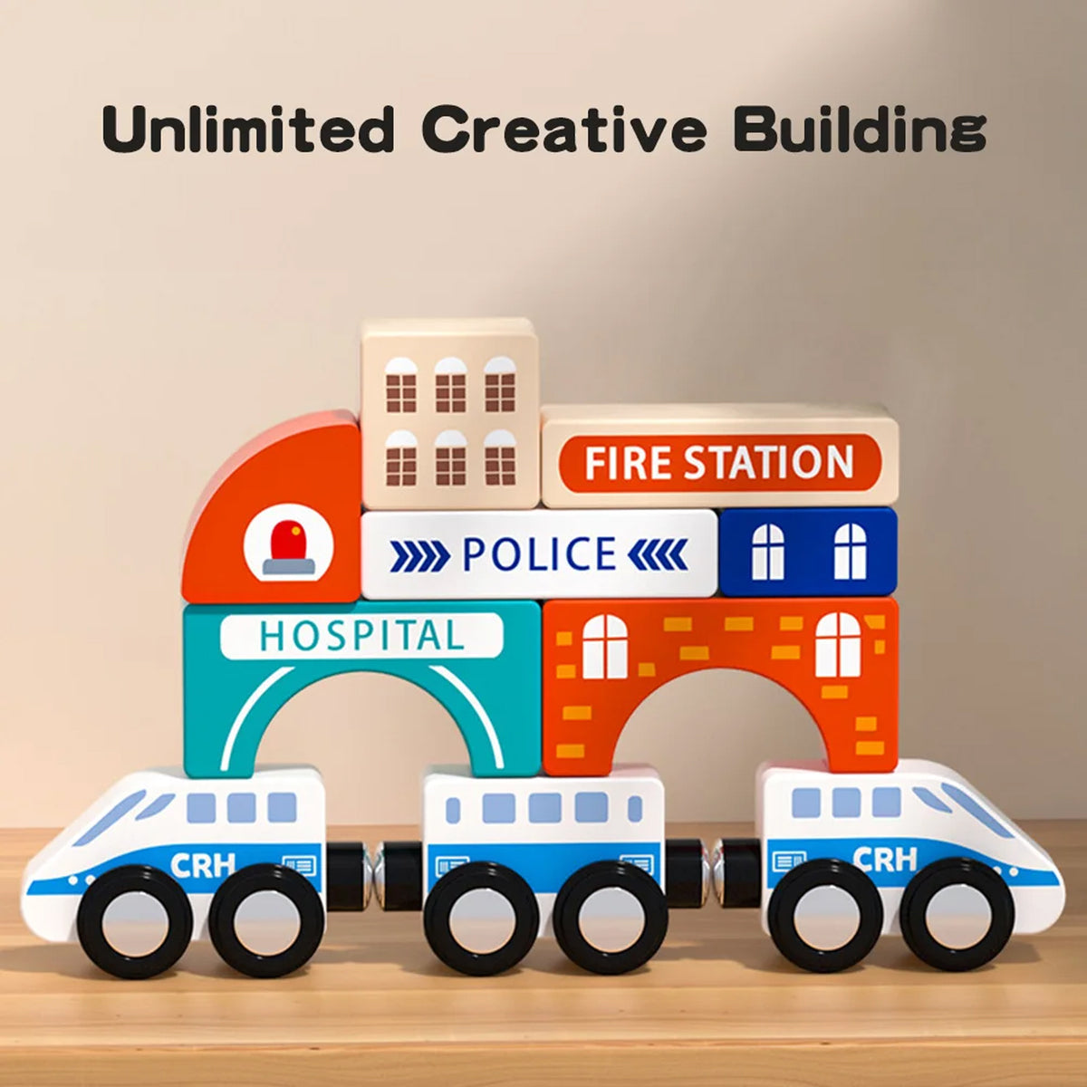Jessruly® Wooden Building Blocks Set – City & Train Architecture Kit with Magnetic Storage Box