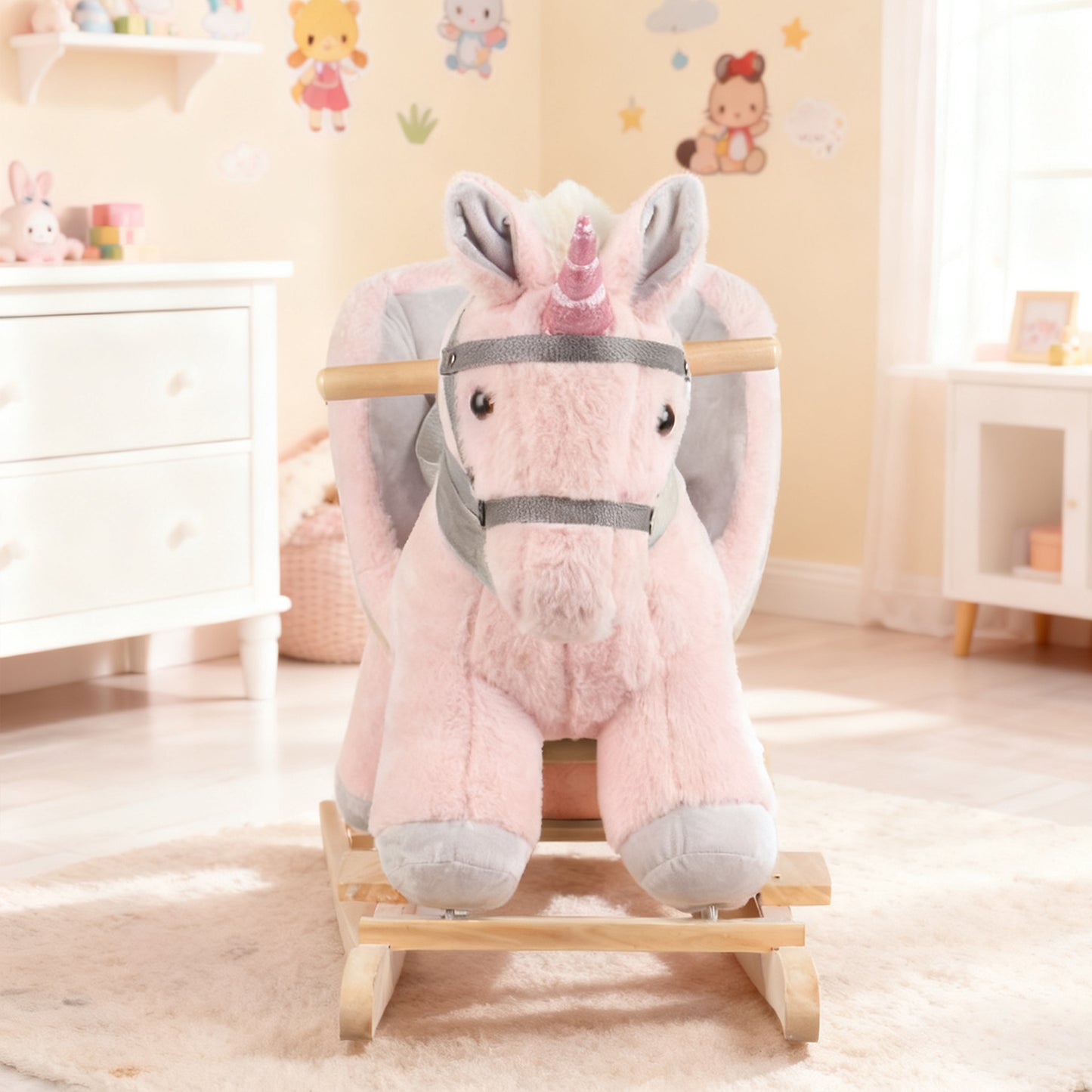Jessruly® Cheval à Bascule Licorne Rose en Peluche – Siège Confortable avec Cadre en Bois, Design Licorne Magique pour Jeu Imaginatif
