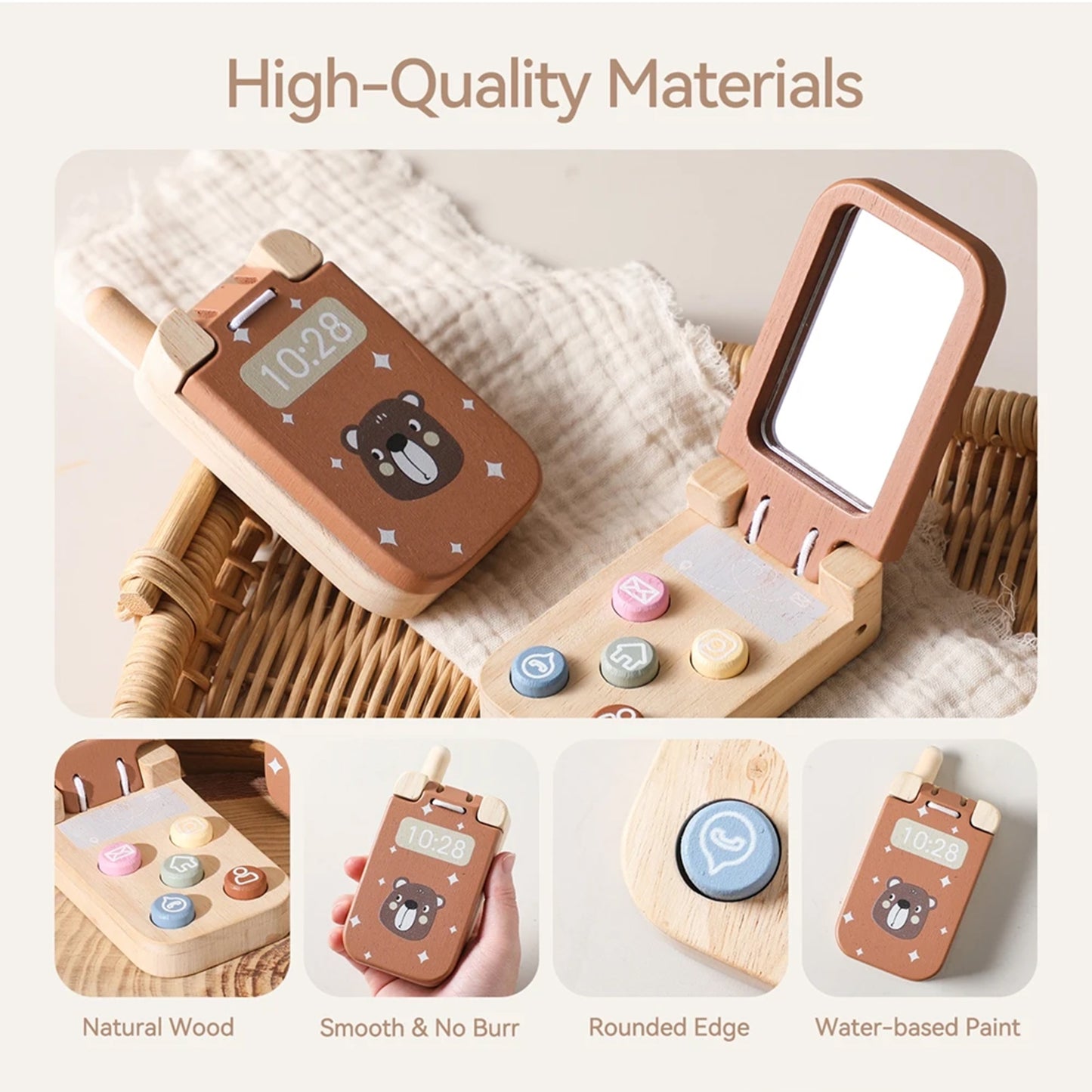 Téléphone à clapet Jessruly® – Téléphone de jeu interactif avec miroir, touches d'apprentissage Montessori et design sensoriel pour le jeu imaginatif