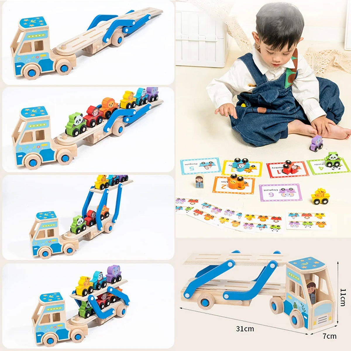 Jessruly® Wooden Car Carrier Set – Double-Decker Truck with Ramp