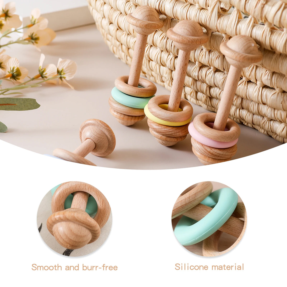 Jessruly® Natural Wooden Rattle – Sensory Silicone-Ring Teether & Grasping Toy