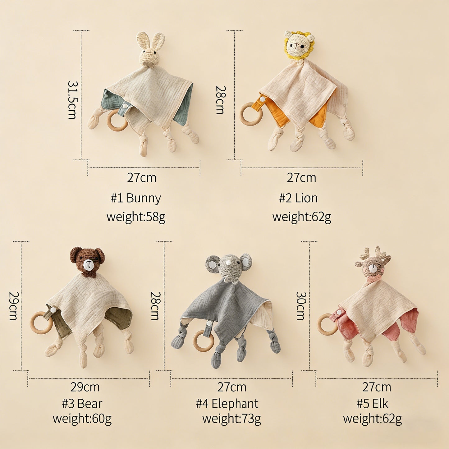 Bavoir à bavouiller et doudou sensoriel Jessruly® en coton biologique – Bavoir doux et absorbant avec animal au crochet et hochet doux, adorable compagnon de dentition et chiffon de jeu