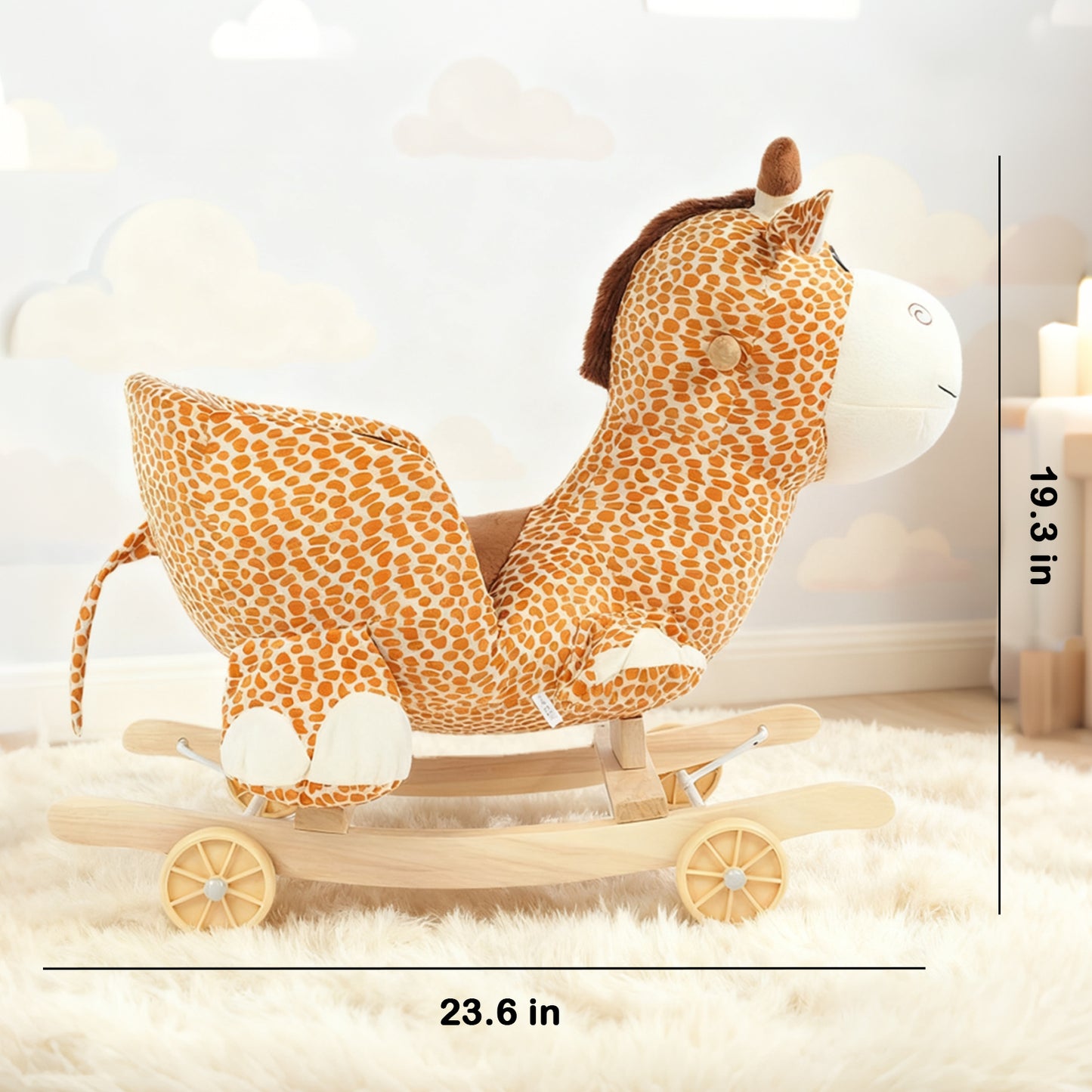 Jessruly® Girafe à bascule en peluche – Cheval à bascule doux avec cadre en bois, motif licorne magique pour un jeu imaginatif