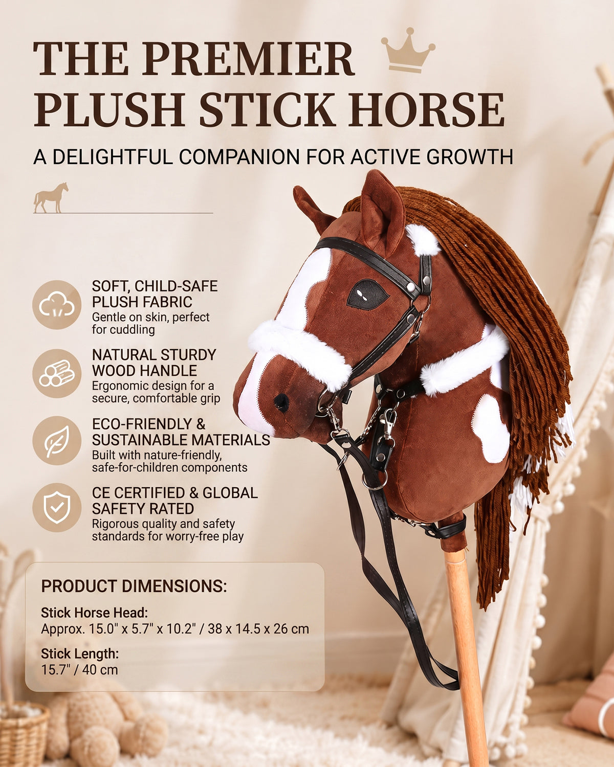 Jessruly® Stick Horse – Soft Plush Ride-On Toy with Beechwood Handle