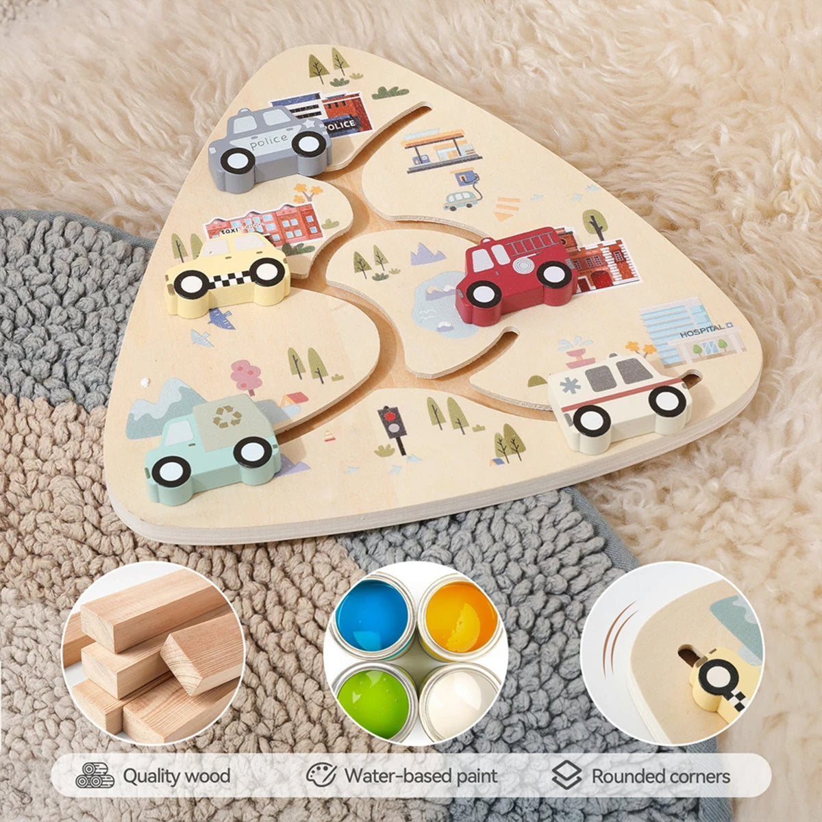 Jessruly® Wooden Car Puzzle Set – Montessori Puzzles with Wooden Trucks