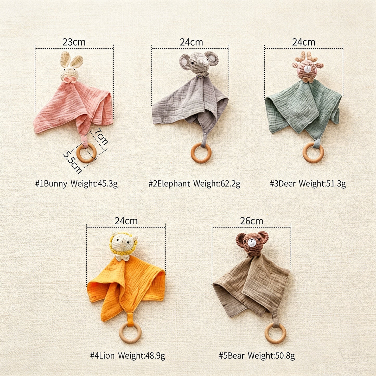 Jessruly® Doudou en mousseline de coton biologique – Couverture douce et réconfortante avec animal en crochet et anneau de dentition en bois, adorable jouet sensoriel et compagnon apaisant