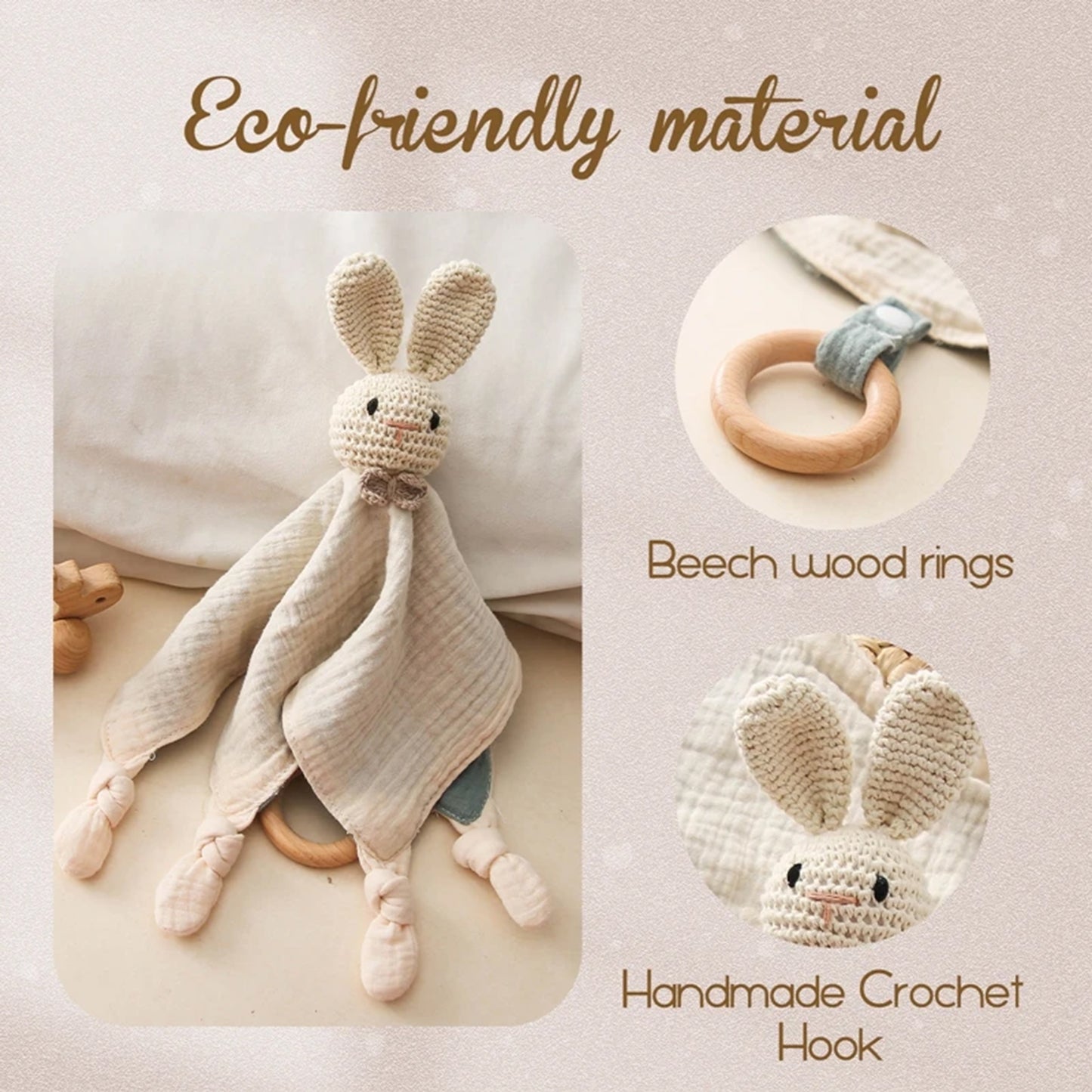 Bavoir à bavouiller et doudou sensoriel Jessruly® en coton biologique – Bavoir doux et absorbant avec animal au crochet et hochet doux, adorable compagnon de dentition et chiffon de jeu