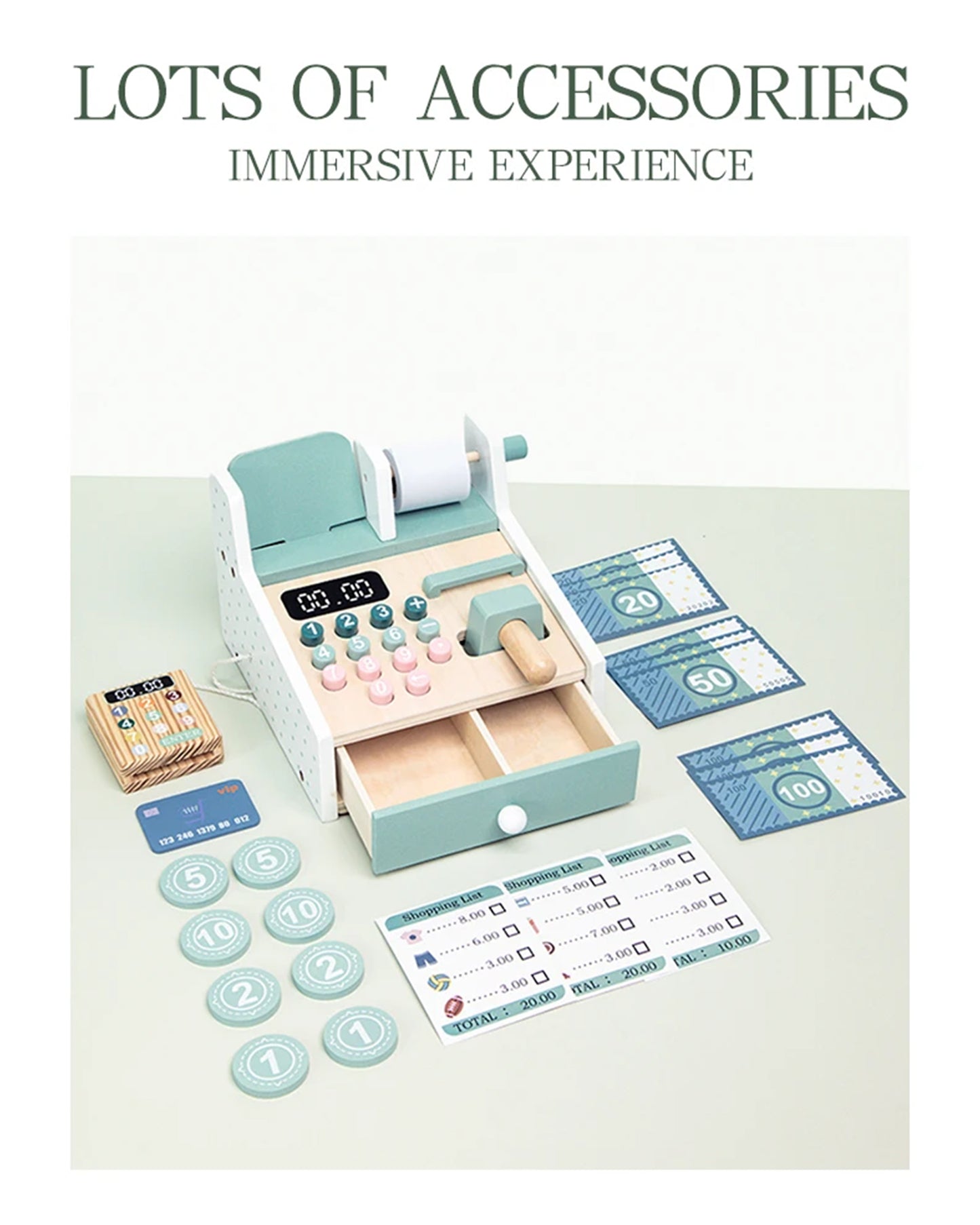 Jessruly® Wooden Cash Register Play Set – Pretend Checkout Counter with Scanner & Play Money, Educational Grocery Store Role-Play and Learning Toy