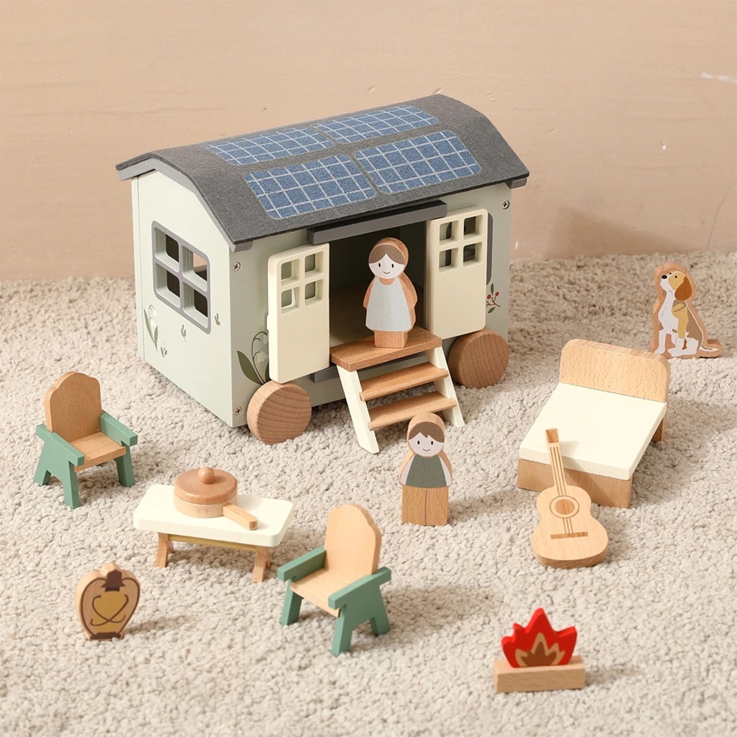 Jessruly® Ensemble de meubles en bois pour maison de poupée – Accessoires de maison de poupée de qualité supérieure avec design de véhicule de camping, ensemble de jeu créatif inspiré de Montessori pour des scènes imaginatives