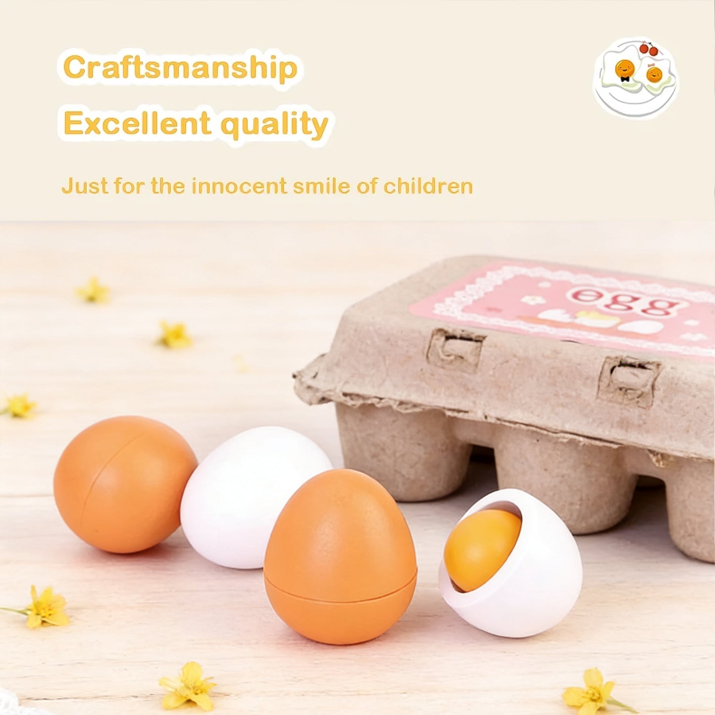 Jessruly® Wooden Play Food Set – 6pcs Realistic Kitchen Accessories, Fake Eggs with Yolk for Pretend Play, Montessori Imaginative Toy