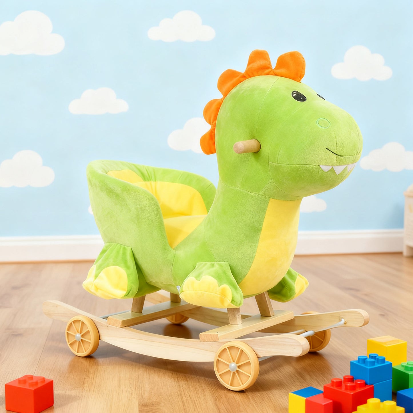 Cheval à Bascule Dinosaure en Peluche Jessruly® – Bascule Douce avec Cadre en Bois, Design Licorne Magique pour Jeu Imaginatif