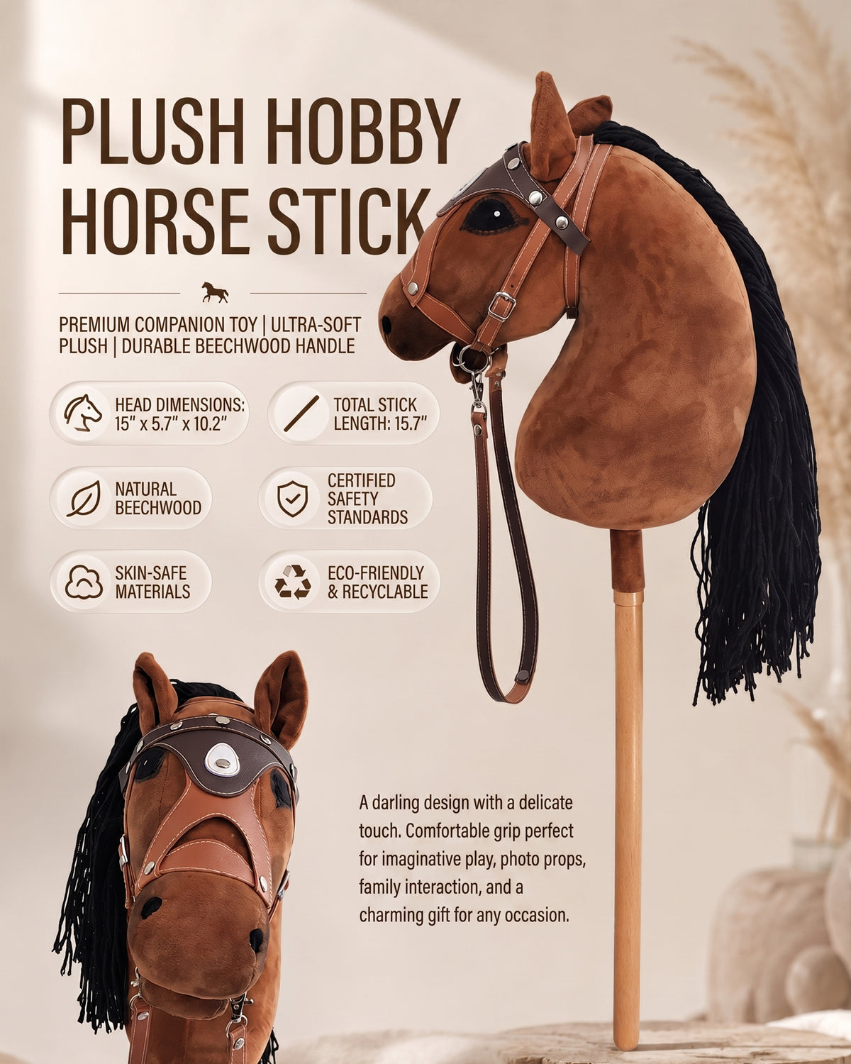 Jessruly® Stick Horse – Soft Plush Ride-On Toy with Beechwood Handle