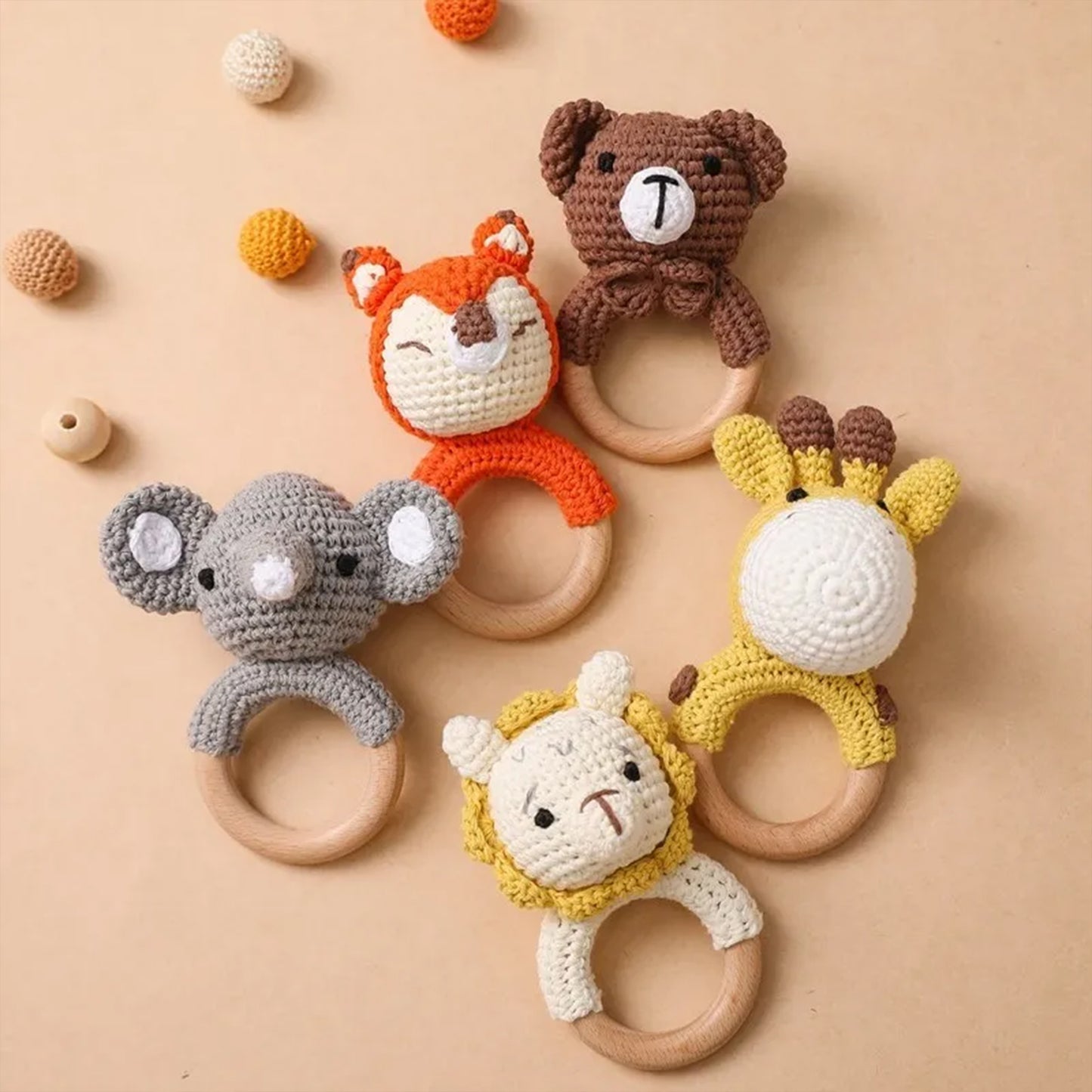 Jessruly® Handcrafted Animal Rattle – Soft Crocheted Toys with Wooden Teether, BPA-Free Animal Rattles in Cotton & Safe Natural Materials