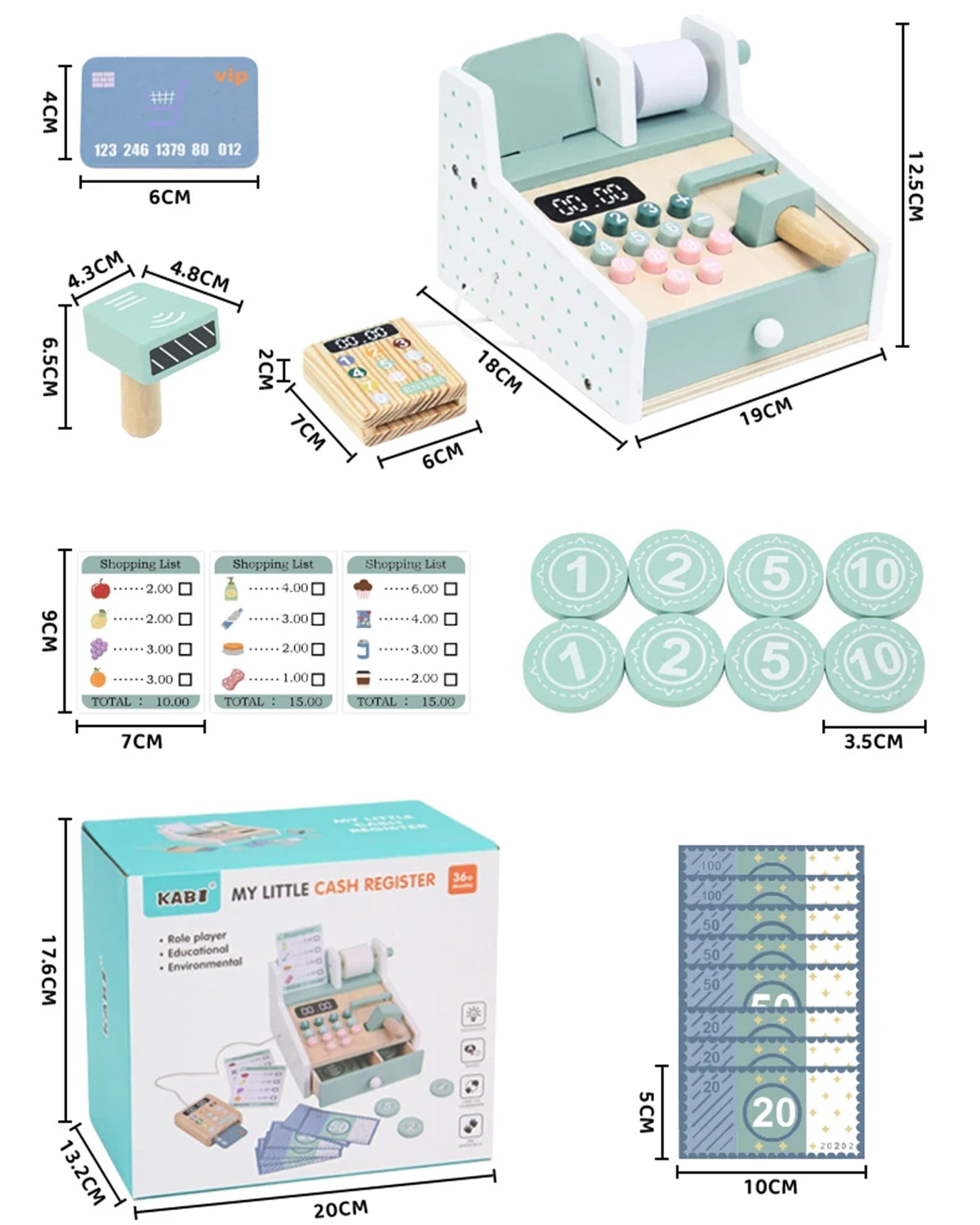 Jessruly® Wooden Cash Register Play Set – Pretend Checkout Counter with Scanner & Play Money, Educational Grocery Store Role-Play and Learning Toy