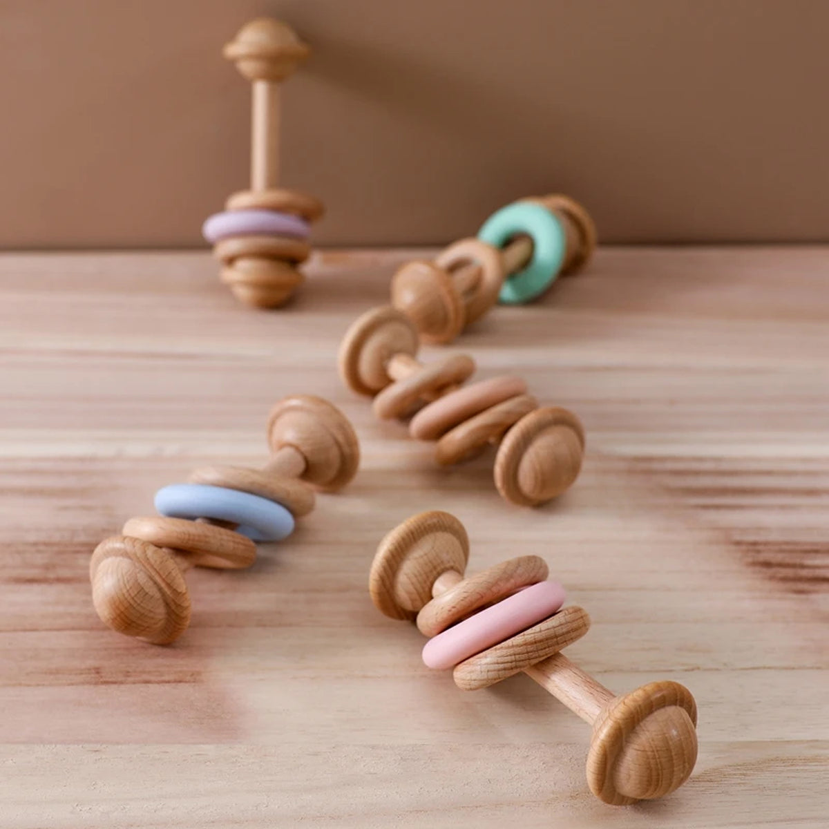 Jessruly® Natural Wooden Rattle – Sensory Silicone-Ring Teether & Grasping Toy