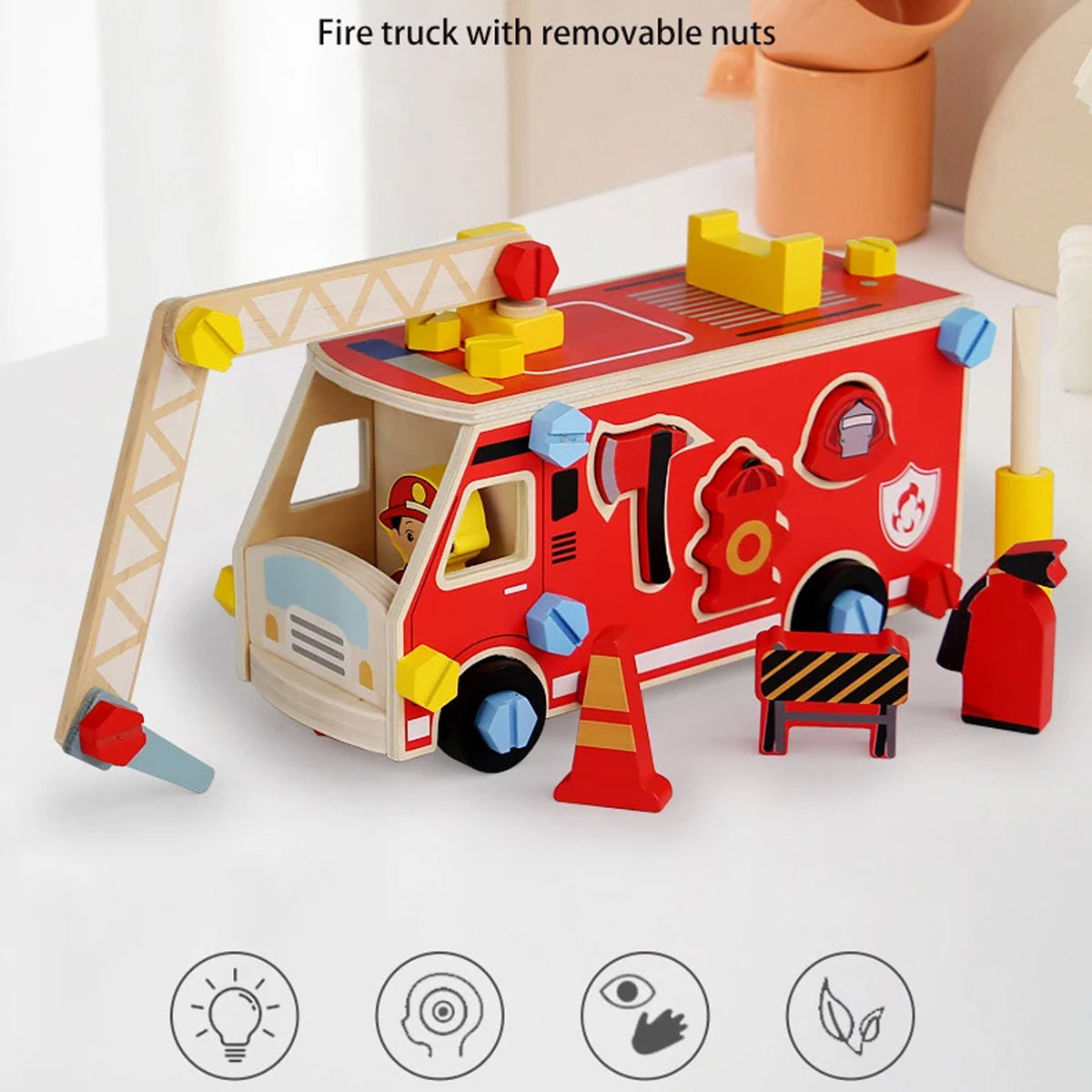 Jessruly® Firefighter Wooden Play Set – Little People Fire Truck Ride-On with Building Blocks & Painting Activity
