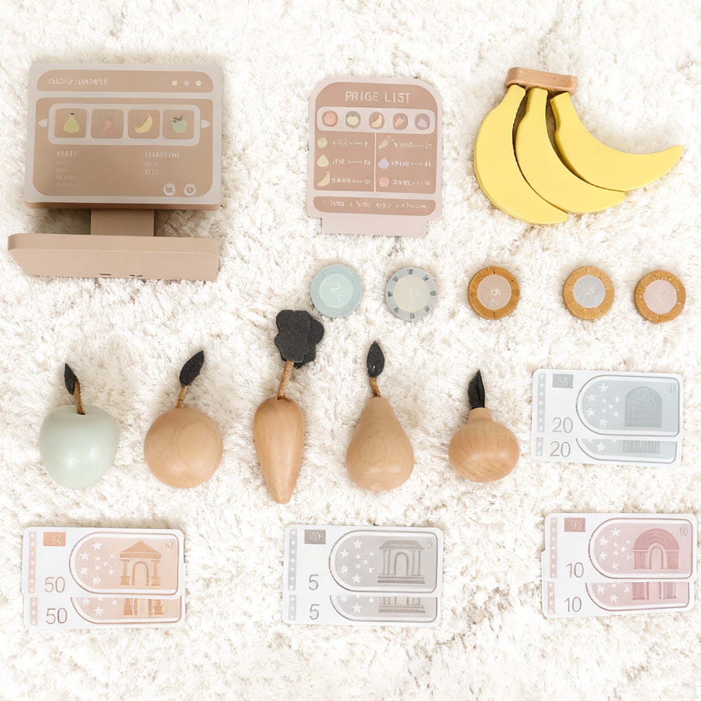 Jessruly® Grocery Store Pretend Play Set – Interactive Supermarket Playset with Wooden Fruits & Play Money, Compact 2-Tier Design for Imaginative Play