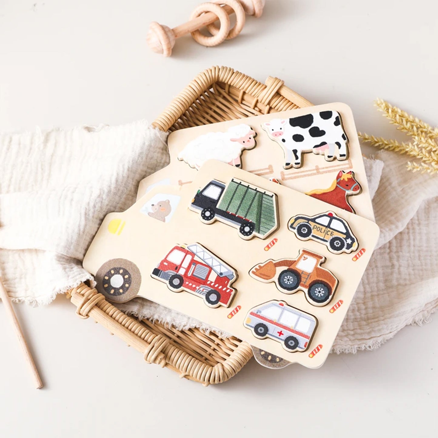 Jessruly® Wooden Vehicle Puzzle Set – Montessori-Inspired Learning Toy with Cars & Trucks, Early Cognitive Development Puzzle for Shape & Color Recognition