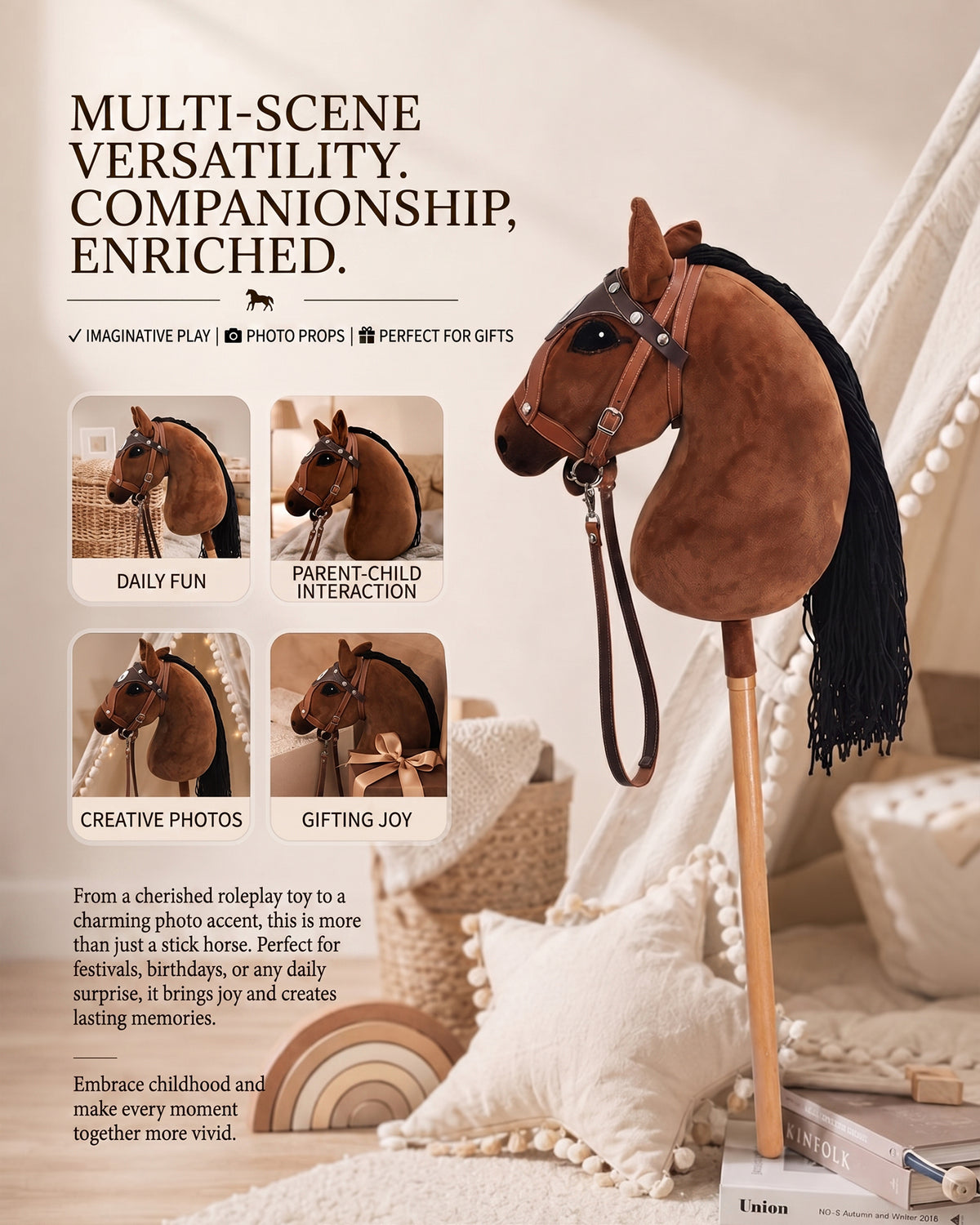 Jessruly® Stick Horse – Soft Plush Ride-On Toy with Beechwood Handle