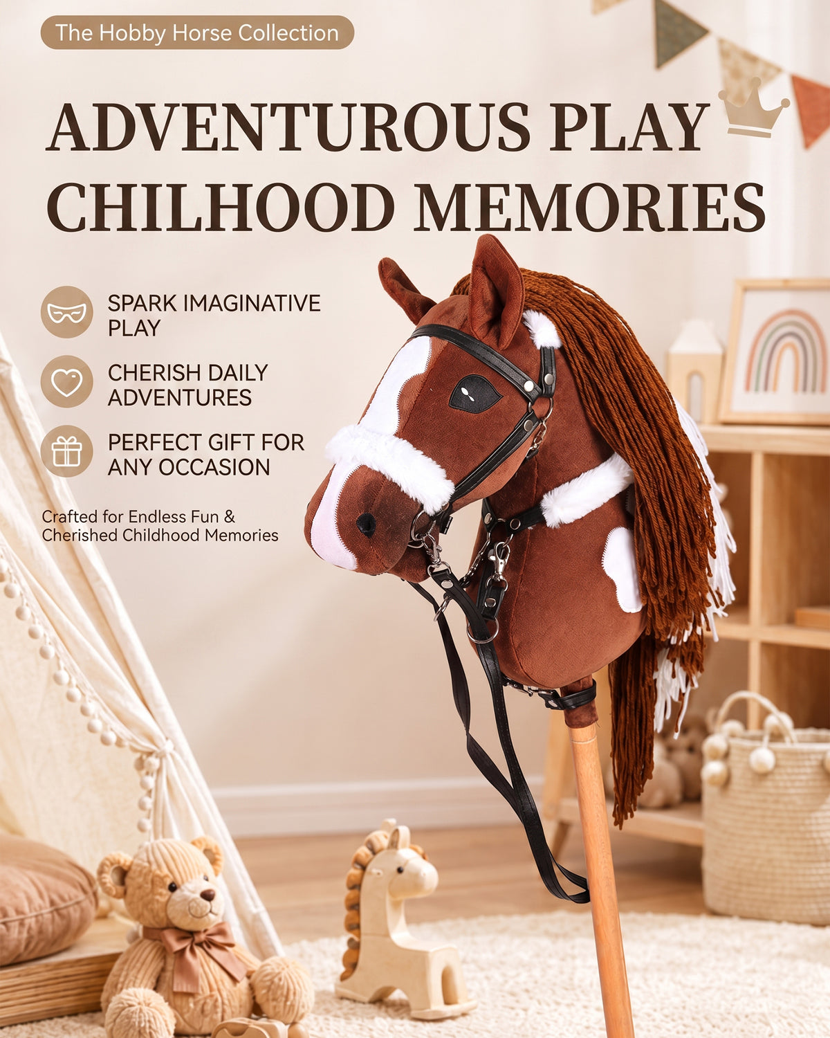 Jessruly® Stick Horse – Soft Plush Ride-On Toy with Beechwood Handle