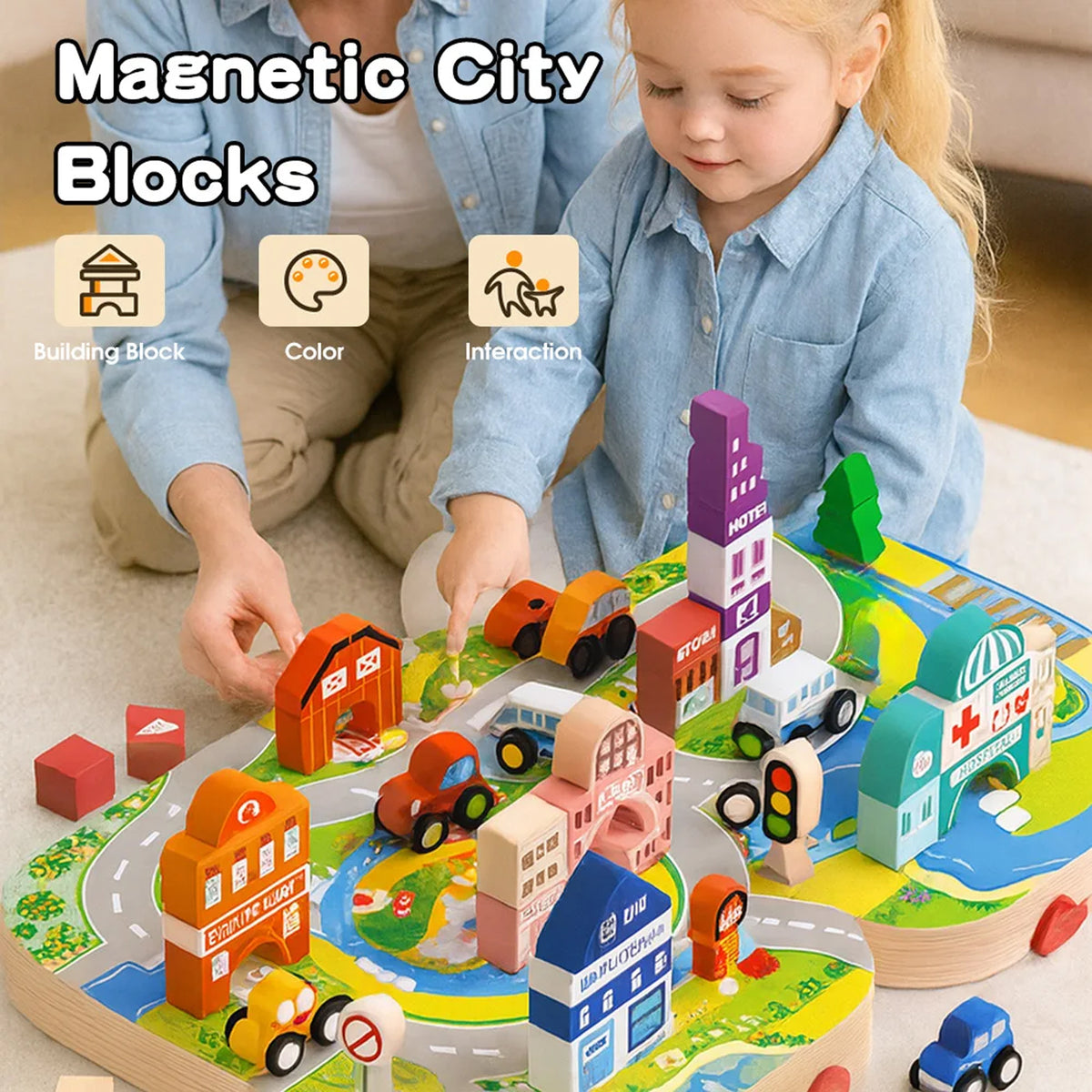 Jessruly® Wooden Building Blocks Set – City & Train Architecture Kit with Magnetic Storage Box