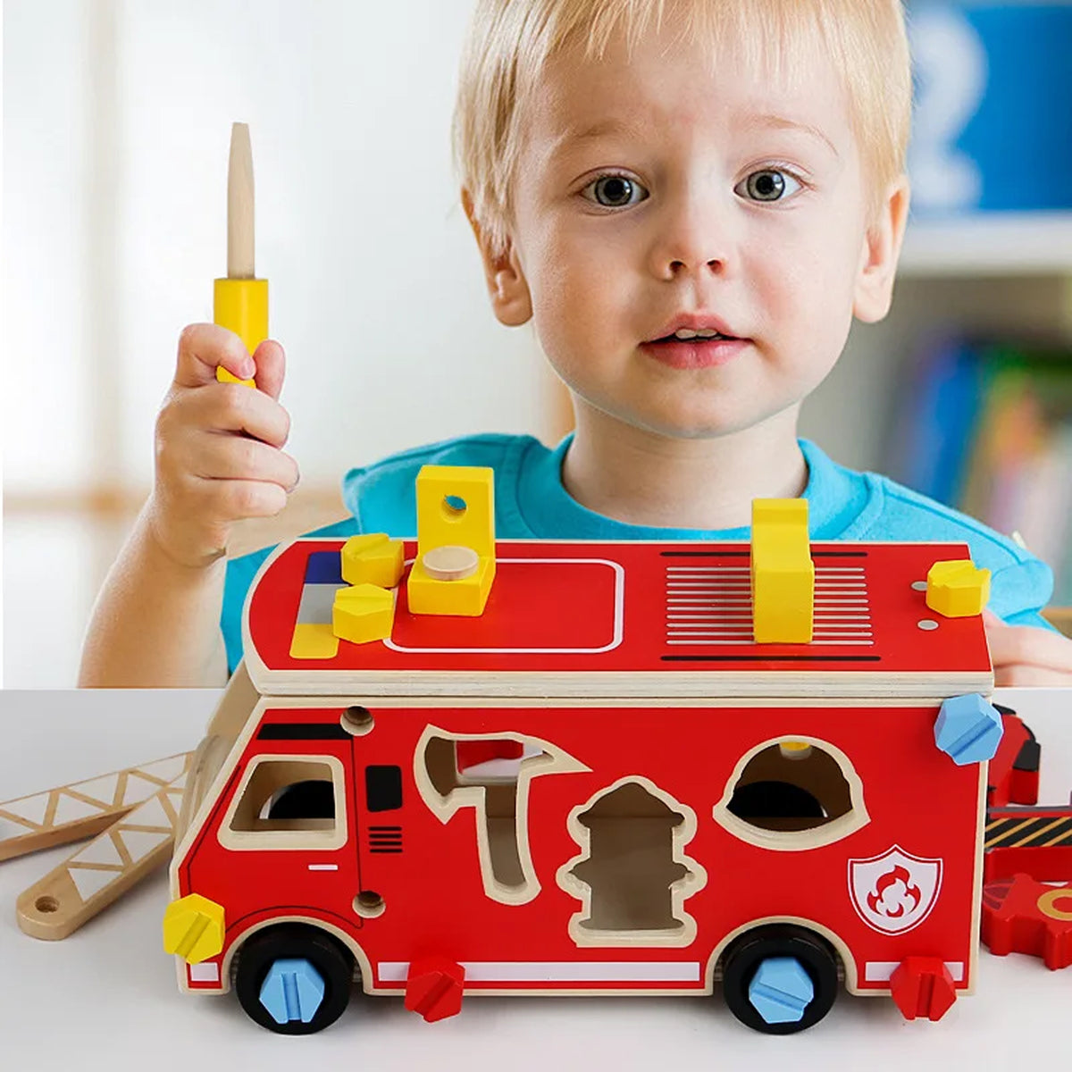 Jessruly® Firefighter Wooden Play Set – Little People Fire Truck Ride-On with Building Blocks & Painting Activity