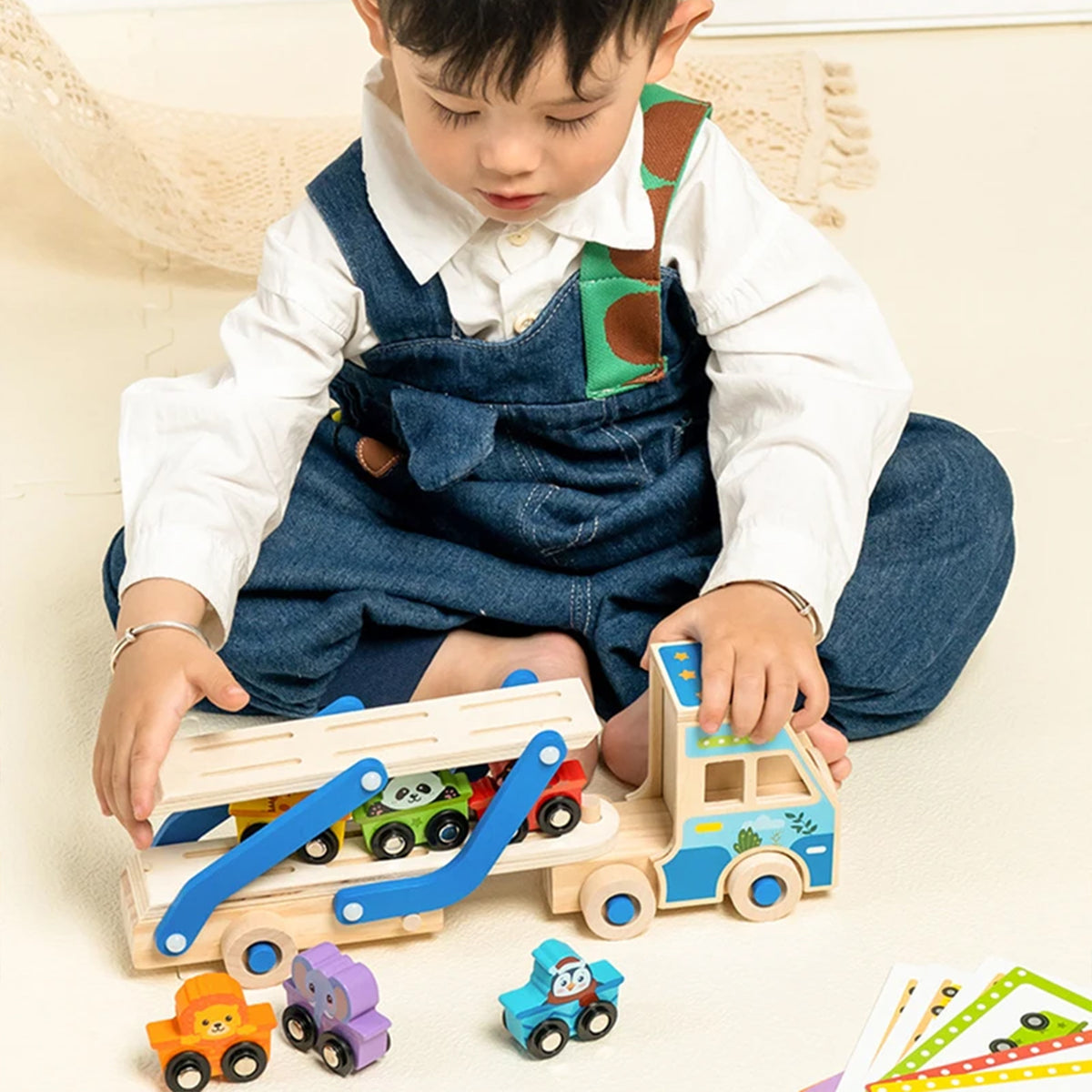 Jessruly® Wooden Car Carrier Set – Double-Decker Truck with Ramp